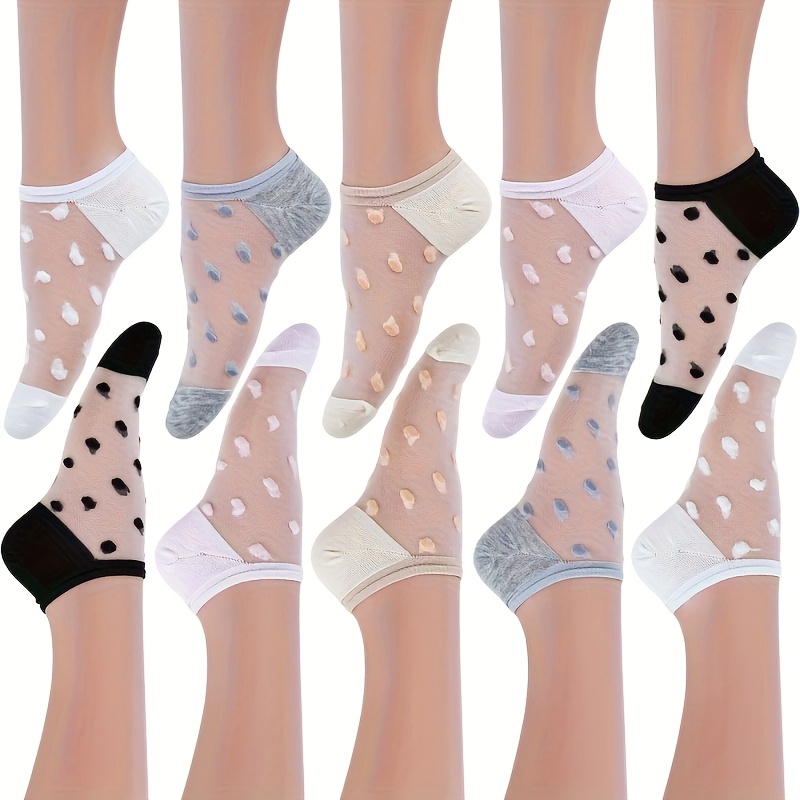 E-shop 10 Paar dünne Sommer-Unsichtbarkeits-Socken für Damen aus Glas mit Polka-Dots, niedrig geschnitten, rutschfest - , Grau, Rosa, - Das perfekte