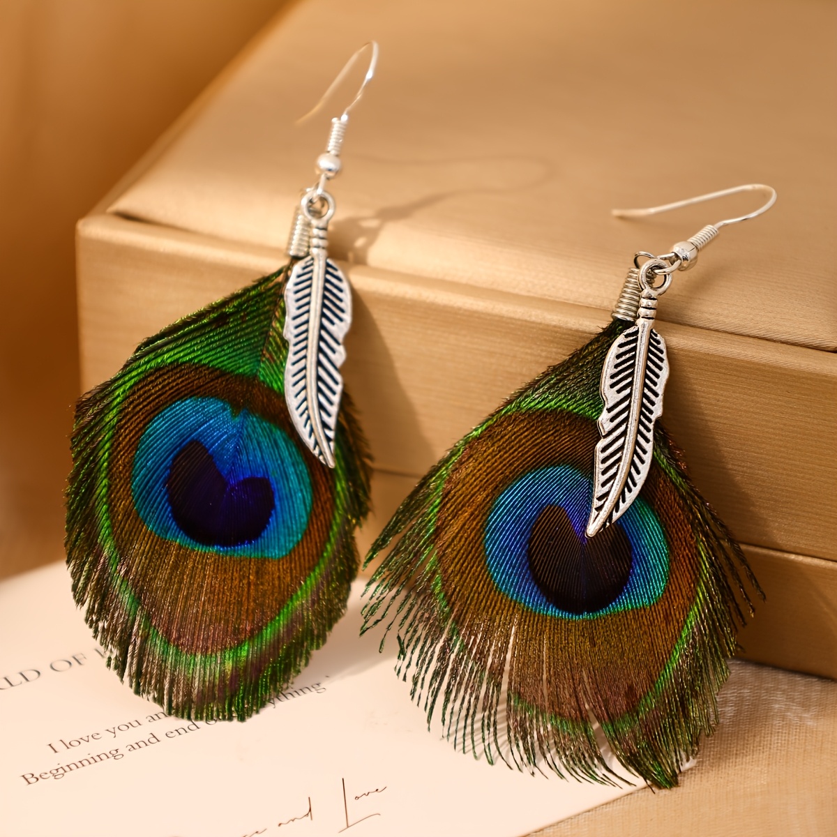 Bohemian Vintage Peacock Feather Earrings with Distressed Leaf Pendants