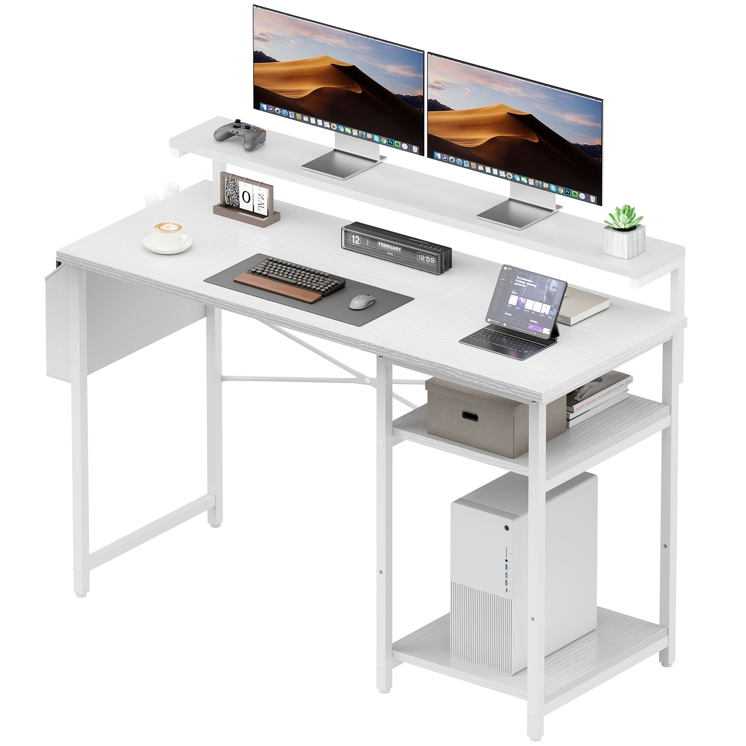 Furnishia 100/120cm Office Desk, Computer Desk With Led Lights, Monitor Stand & Storage Bag, Study Desk With Height-adjustable Bookshelf For & Office