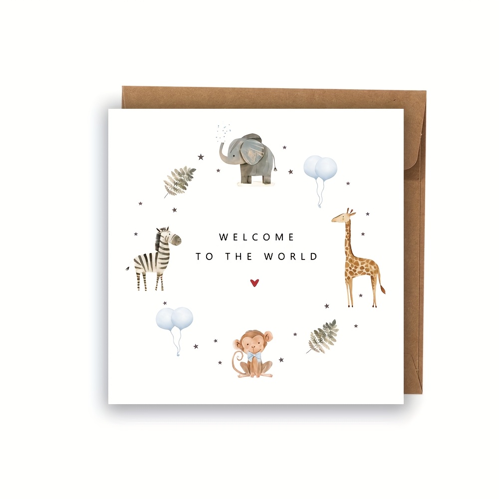 Image of A Card The World Featuring Person (5.12in*5.12in), Made Of High-quality Paper With An Elegant Envelope, With An Elephant, Giraffe, Zebra, And Person - Perfect For Grandchildren, Daughters