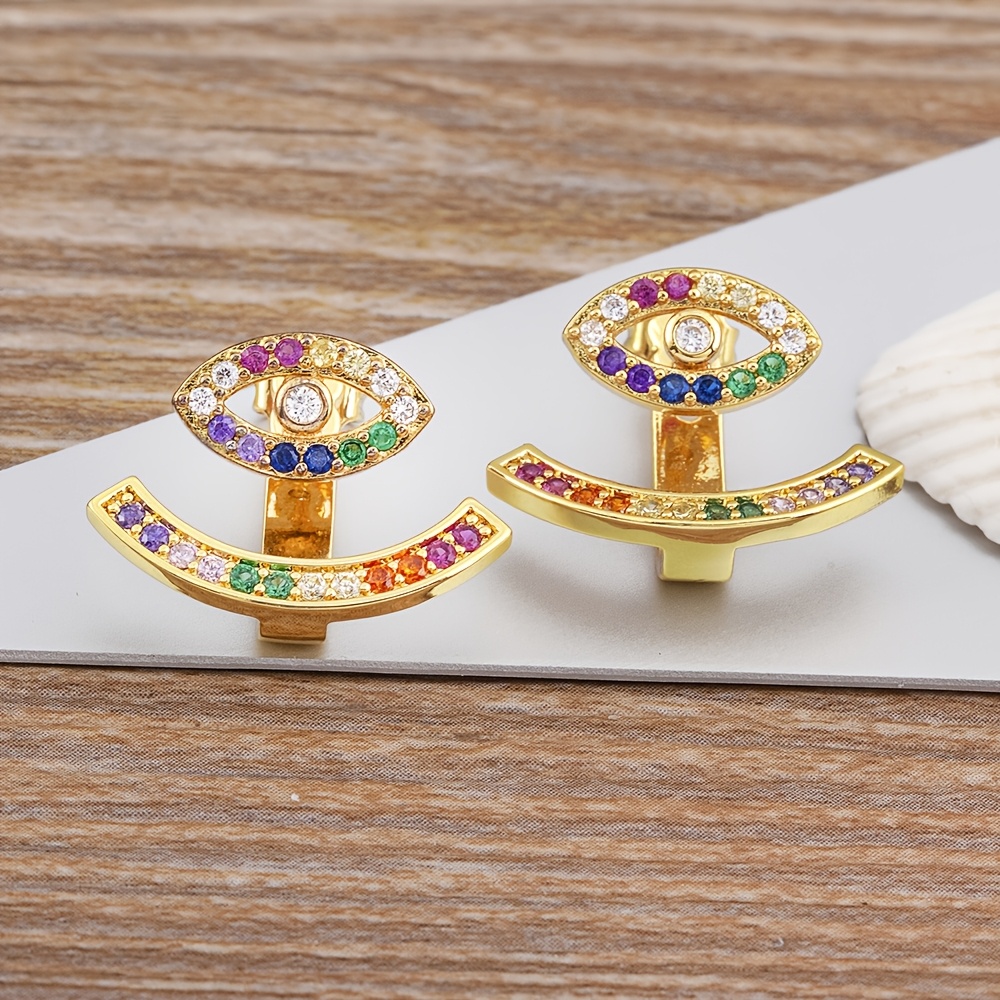 Women's 18K Gold Plated Rainbow Cubic Zirconia Evil Eye Triangle Hoop Earrings