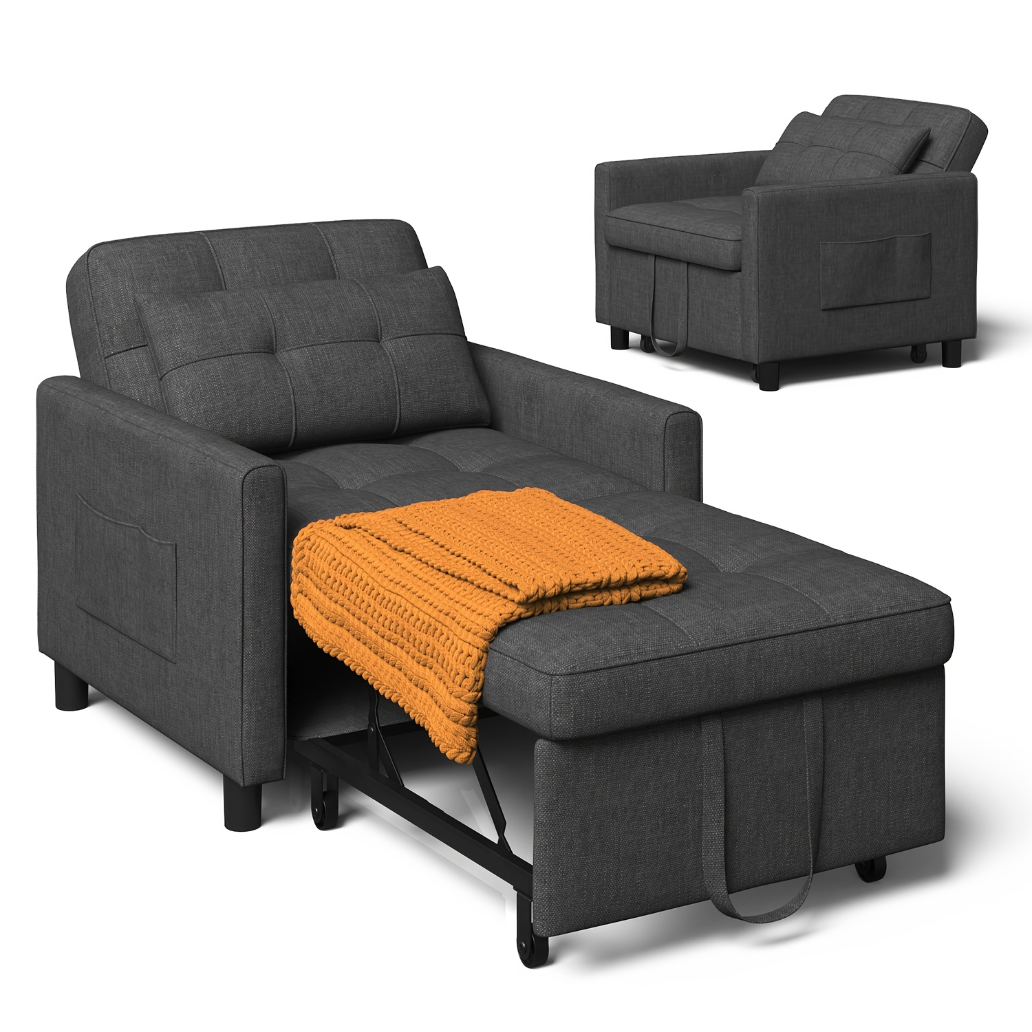3-in-1 Convertible Sleeper Chair, Pull Out Home Theater Seating With 3-level Adjustable Backrest And Side Pockets, Gaming Recliner For Game & Room Furniture