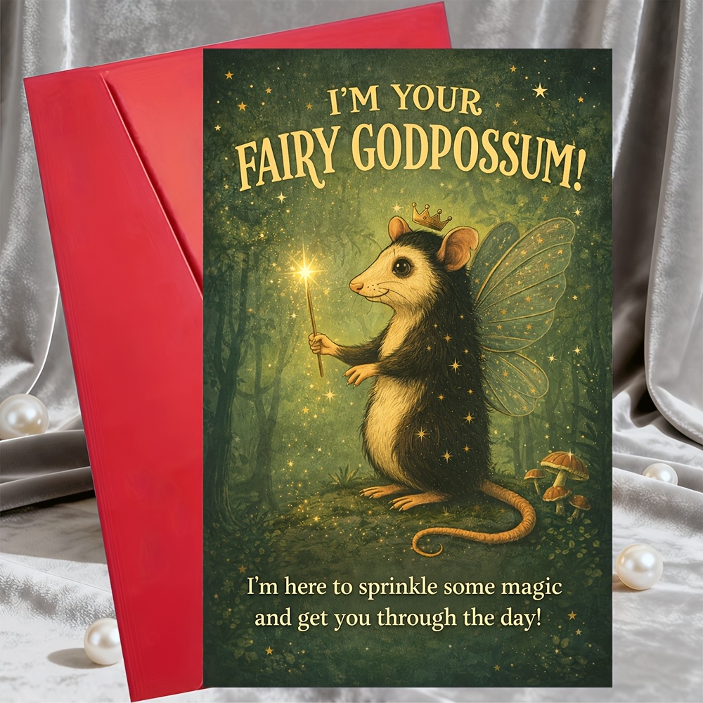 TEMU 1 Greeting Card + 1 Envelopefairy Godpossum Funny Encouragement Card For Coworkers Whimsical Possum With Wand Uplifting Note For Motivation