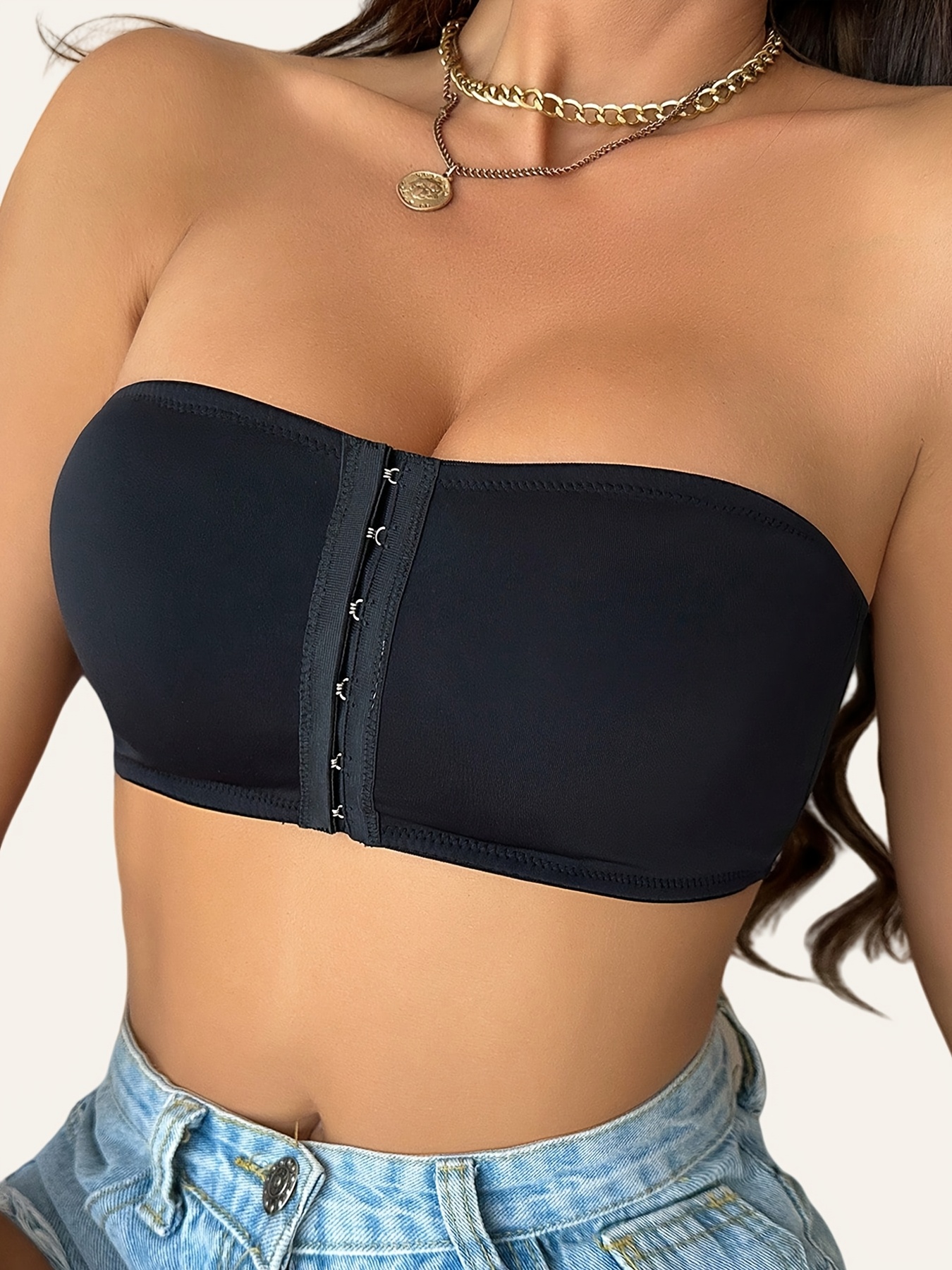 1pc Women's Seamless Bandeau Bra, Polyamide 90% Elastane 10%, Solid Color, Wireless, Front Closure, Removable Pads, Soft Breathable Comfort Fit, Anti-Slip - Spring/Summer Collection, Strapless Bra