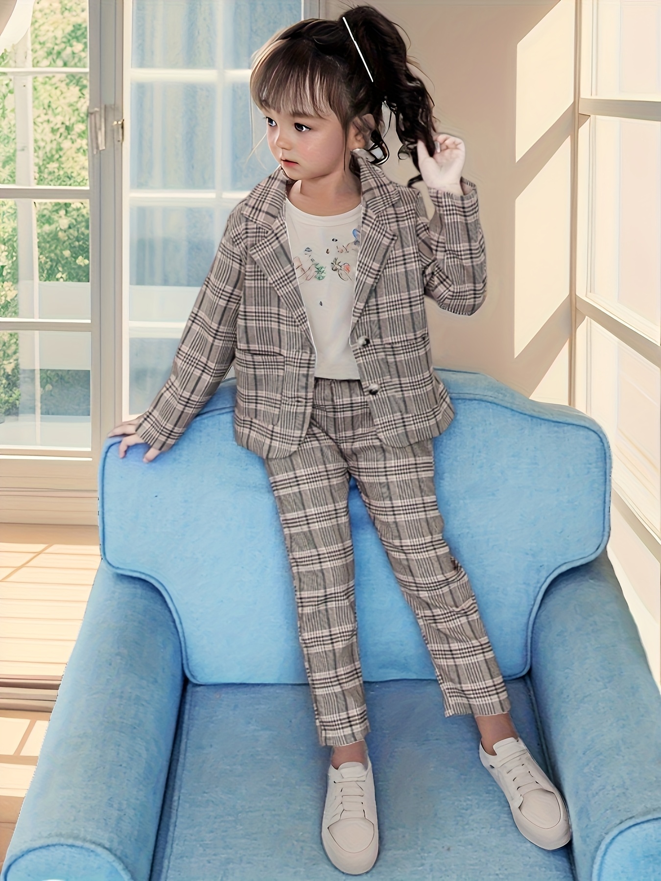 Girls' Plaid Suit 2pcs Set, Jacket and Pants for Spring/Autumn