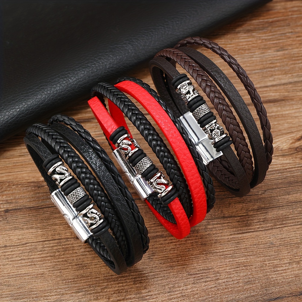 

1pc New Retro Multi-layer Pu Leather Braided Bracelet, Fashion Magnetic Buckle Disc Dragon Men's Bangle, For Best Friends And Gifts