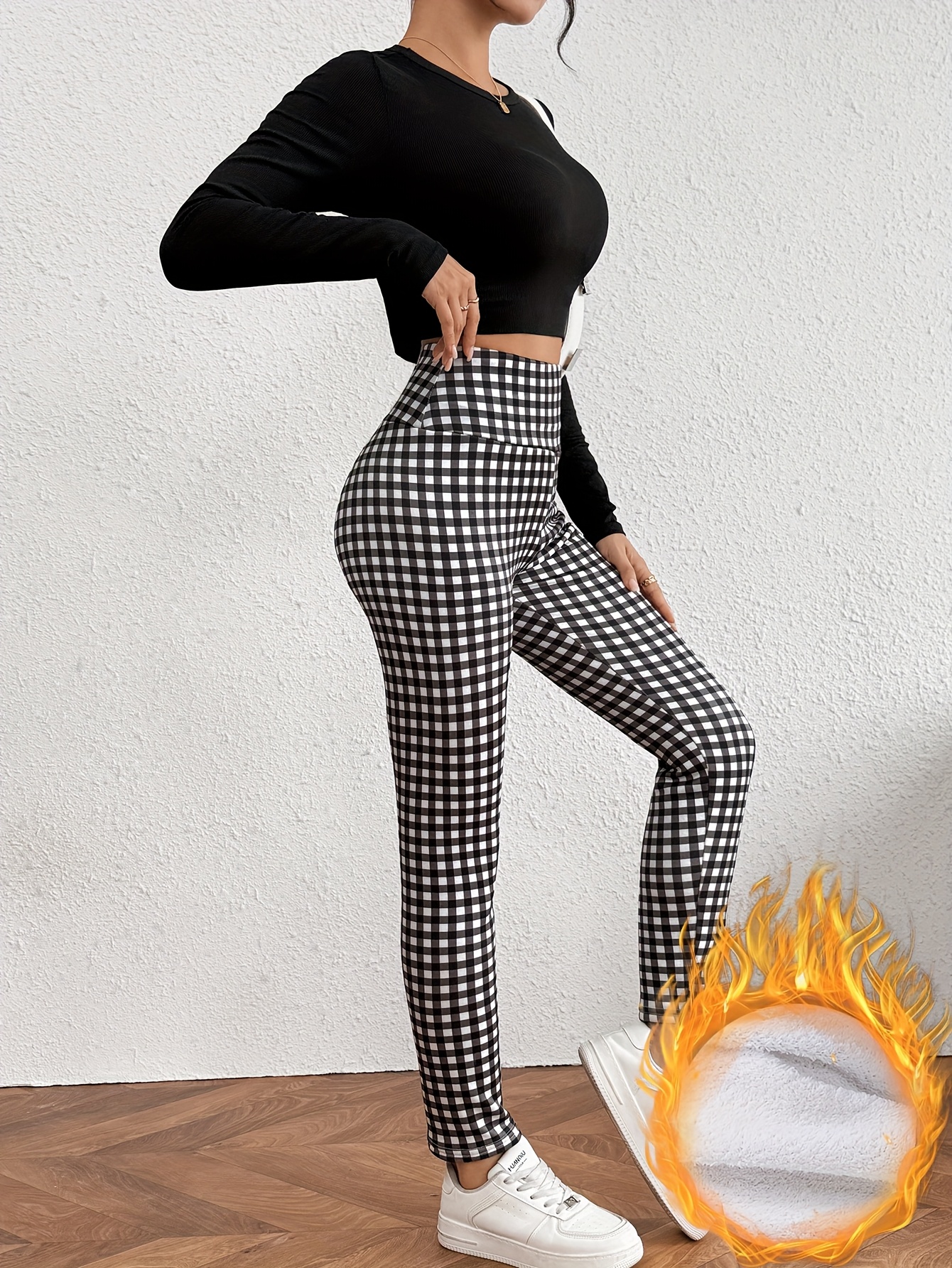 women s high-waisted thermal leggings - -over checkered print tummy control pants with white/black/grey/beige   pattern, full-length  , machine washable tight-fitting leggins for casual & formal wear, warm leggings for women winter, winter warm leggings for women, warm winter leggings for women, thermal leggings for women winter, warmer leggings for women, warm trousers for women, warmer pants for women, thermal trousers for women, thick winter leggings Product details 1