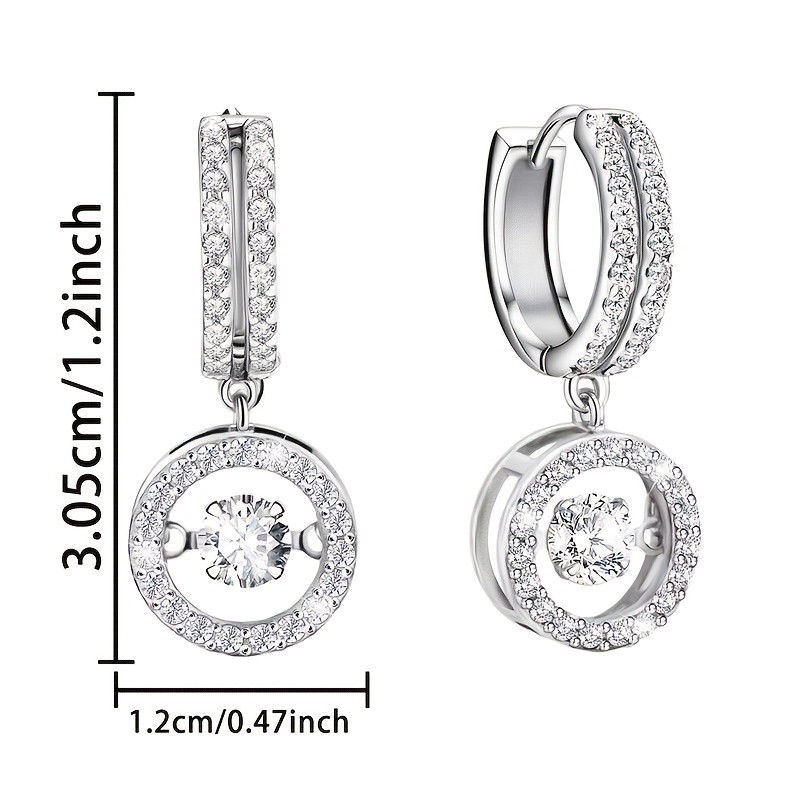 s925 silvery plated sticker earrings   dancing cubic synthetic zirconia pendant earrings ladies shiny circular   cz pendant earrings clear fashionable jewelry daughters mothers birthday party gift Product details 2