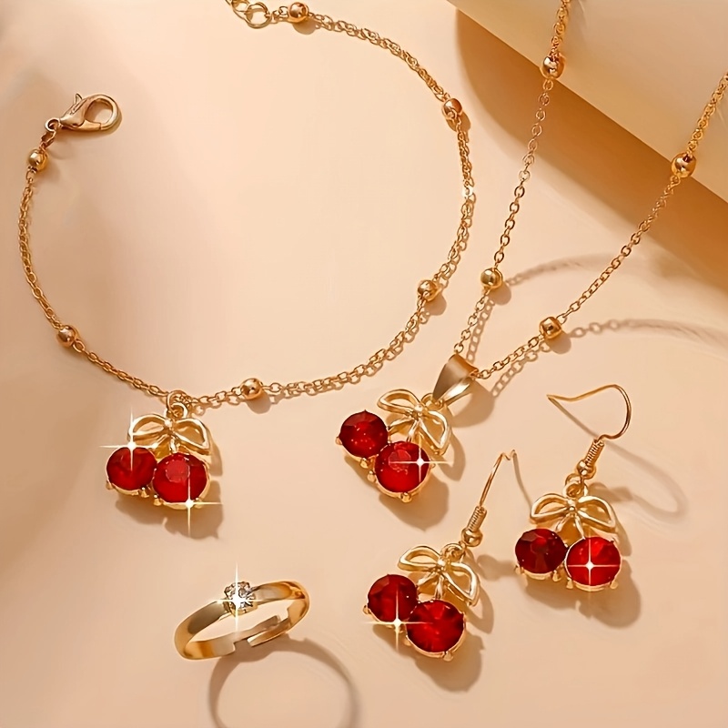 TEMU 4pcs Fashionable Exquisite Cherry Pendant Necklace, Bracelet, Earrings, And Ring Set - Elegant, Versatile, High-end Jewelry Set