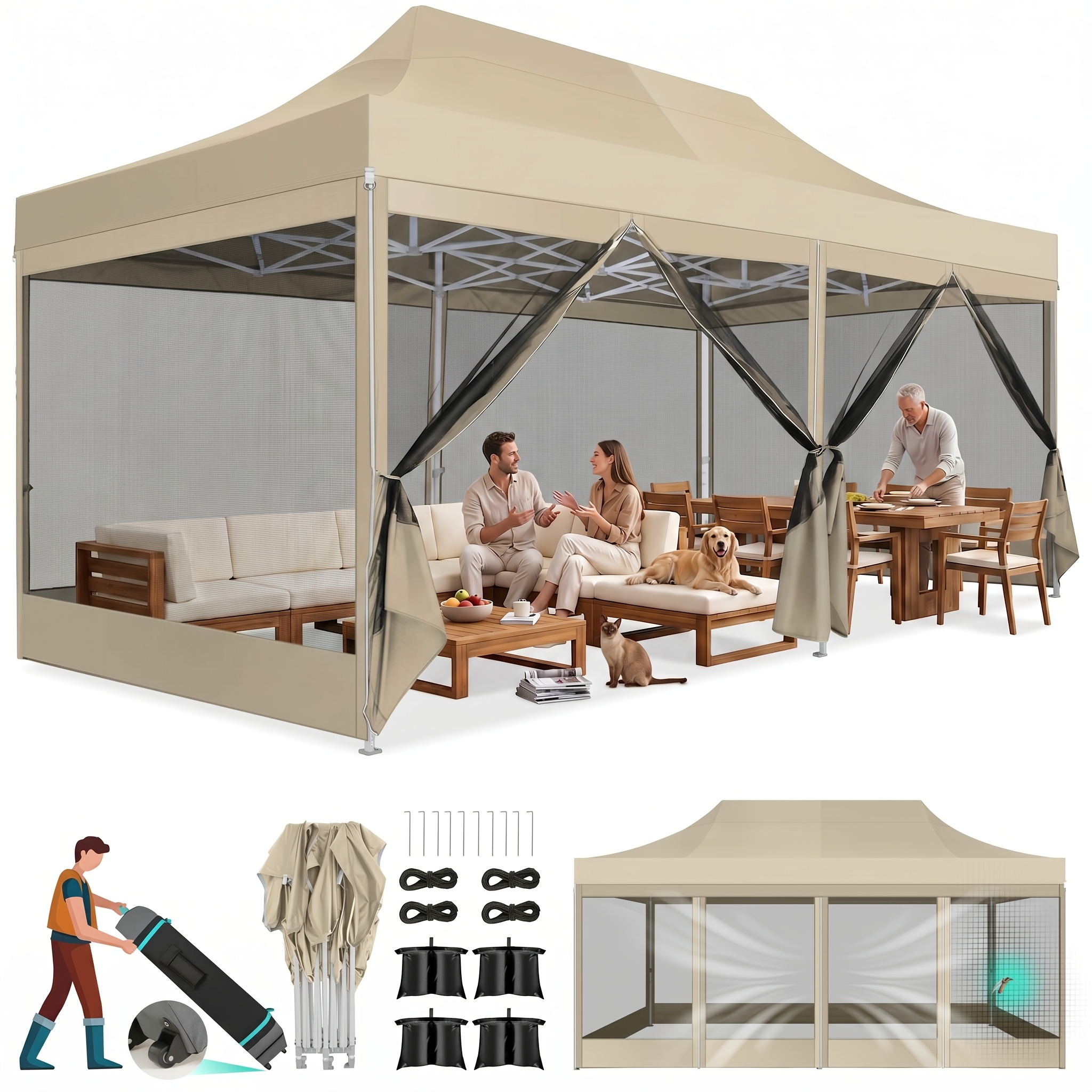 Image of 3 X 6m Canopy Tent, With 6 Side Panels, 4 Sandbags, And Net. For Parties And Weddings, Features Integrated Netting And With A Wheeled Carrying Bag For . Ideal For Parties And Weddings