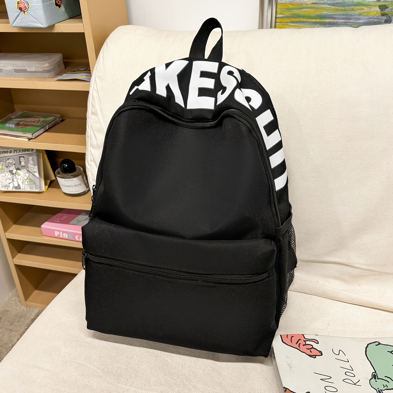 TEMU Trendy And Versatile Solid Color Letter Minimalist Style Backpack, Dopamine Universal Large Capacity Double Shoulder Bag For Ins