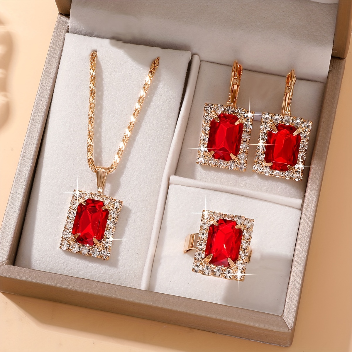 

Elegant Ladies Fashion Jewelry Set, Vintage Square Glass Rhinestone, Pendant Necklace & Earrings & Ring, Glamorous Wedding Bridal Accessories