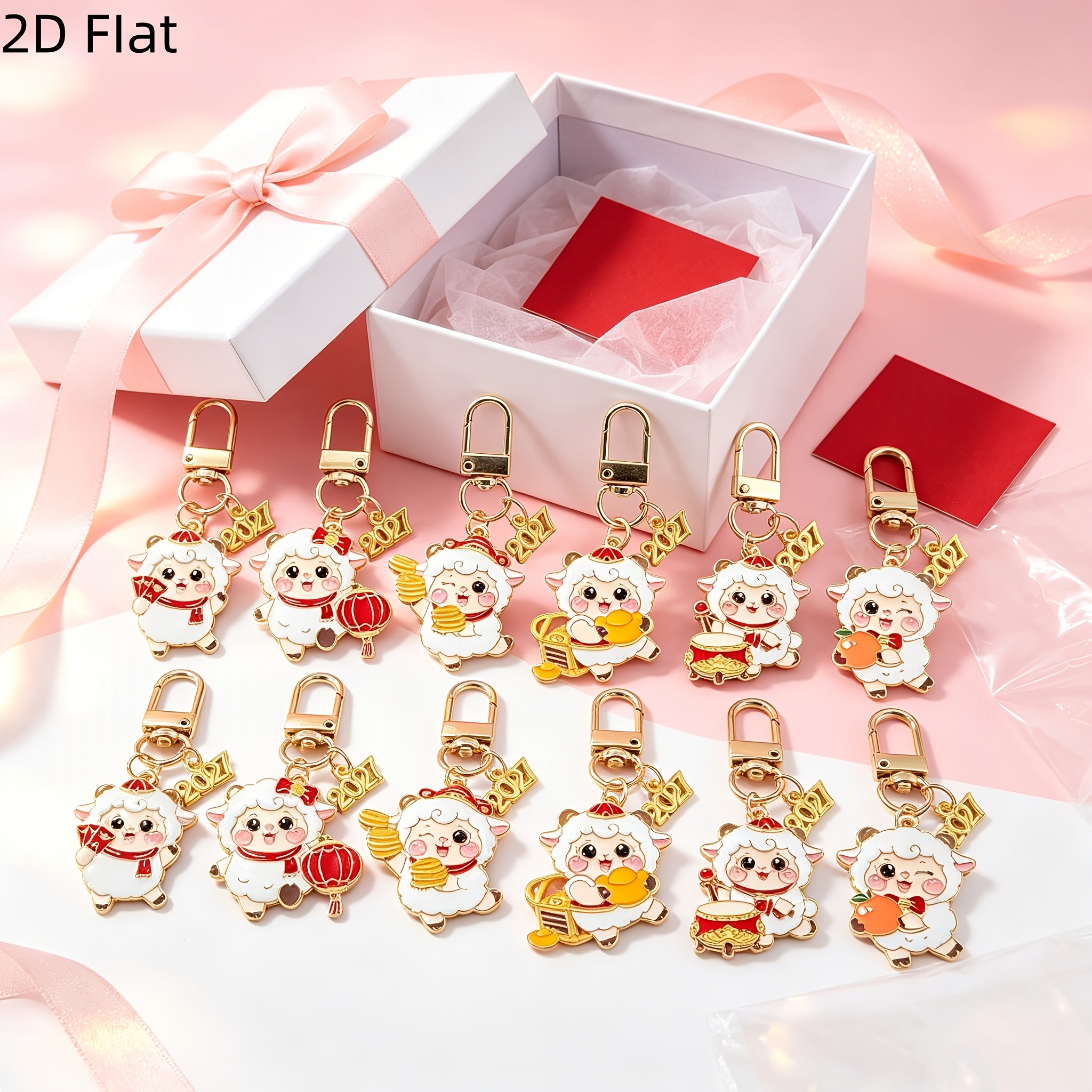 TEMU 2d Flat - 12pcs Cartoon 2d Flat 2027 Year Of Goat Keychain, Multi-style Shapes New Year Red Envelope Lantern Treasure Orange Drum Cartoon Sheep