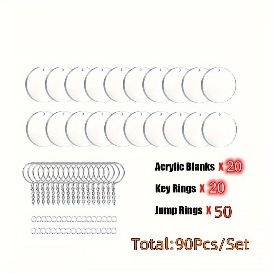 E-shop 90 Stk./Set Acryl Schlüsselanhänger Rohlinge, Klare Runde Acryl Ornament Rohlinge, Acryl Kreisscheiben mit Schlüsselanhänger Ringen für Basteln