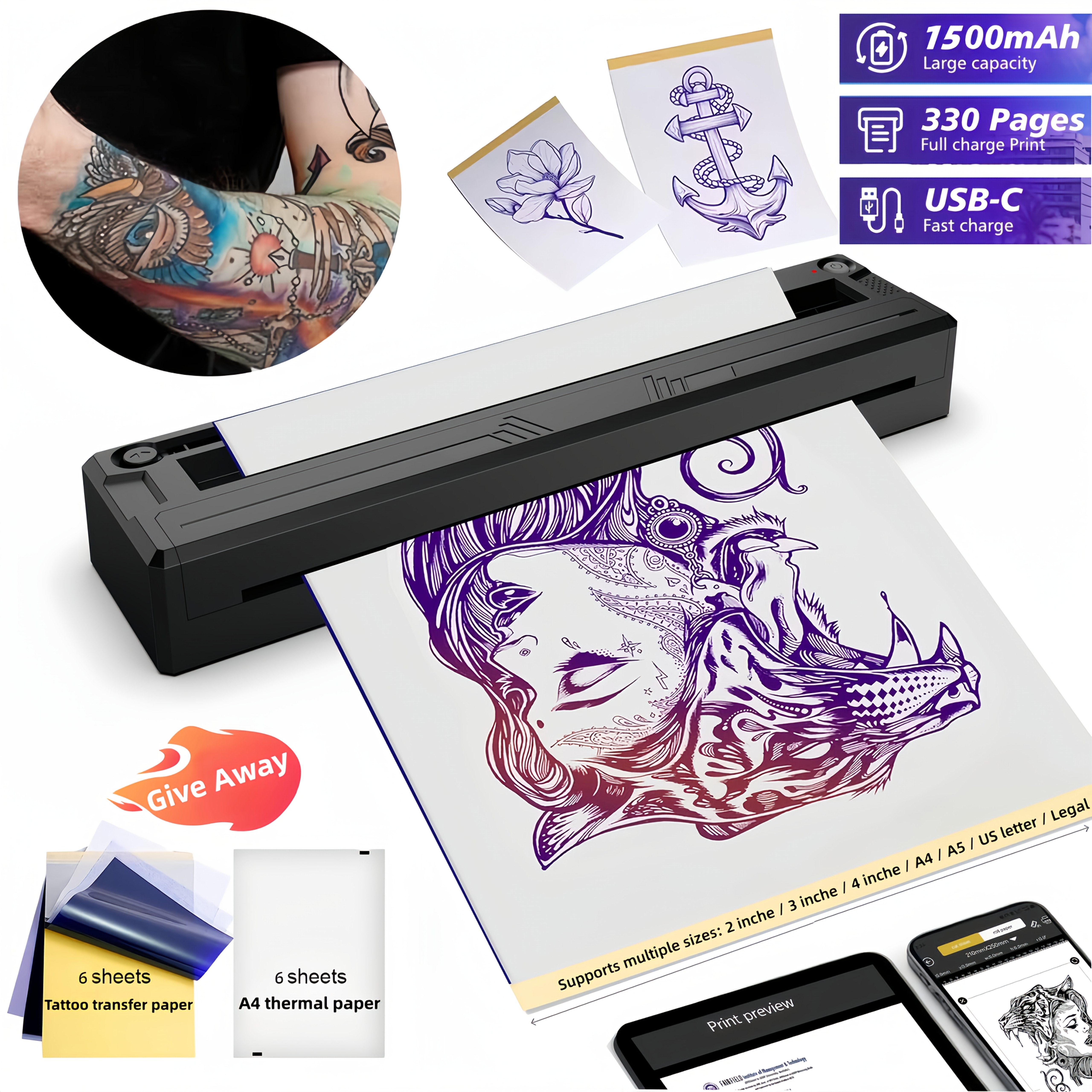 A4 Thermal Printer, A4 Tattoo Stencil Printer, Thermal Printer, Label Printer, Sticker Printer, Label Printer For Shipping Labels, Suitable For Small Businesses And Home Use.