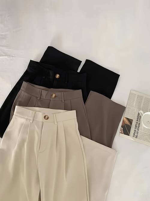 3pcs womens elegant straight leg button up trousers office casual pants in black beige brown polyester spandex blend machine washable non stretch versatile wear professional attire clothing