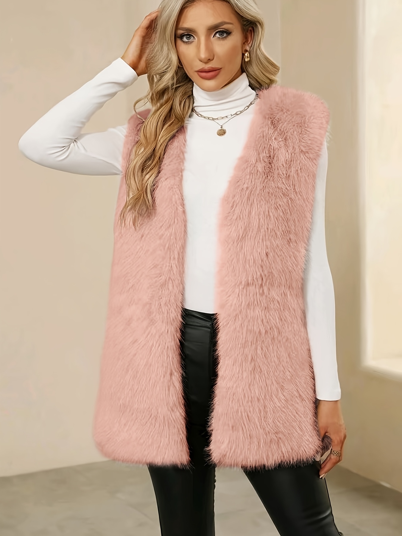 women's pink fur sleeveless vest fluffy autumn/winter Temu Mauritius