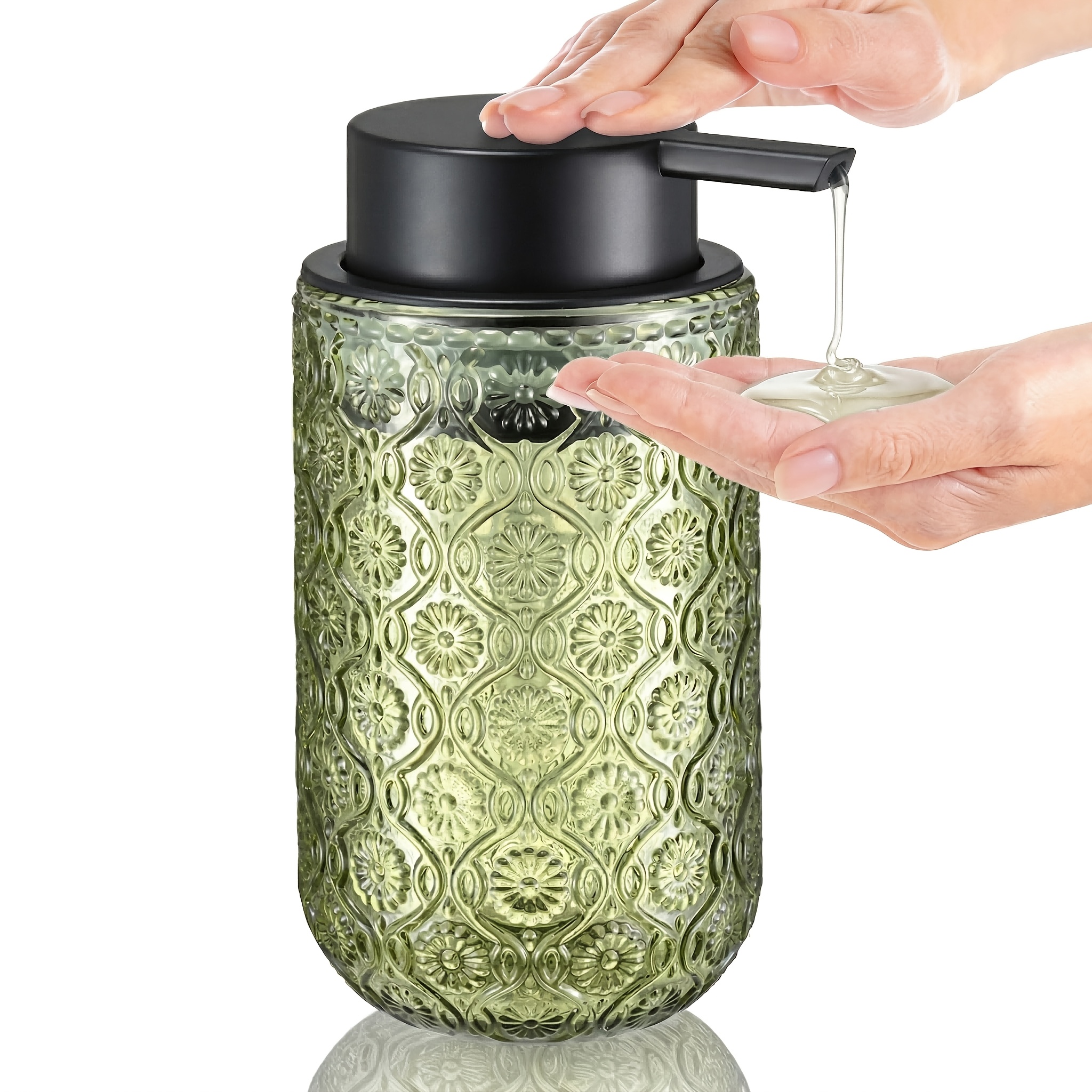 TEMU Thickened Glass Liquid Soap Dispenser With Matte Black Pump And Embossed Bottle, Suitable For Bathroom And Kitchen