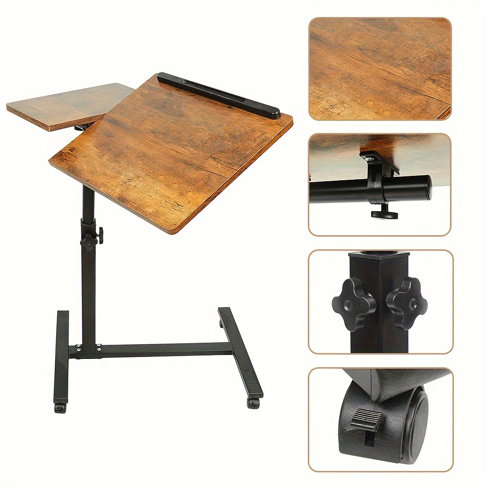 TEMU Bureau d'appoint, Table pour ordinateur portable, Table pour ordinateur portable mobile, Table d'appoint à roulettes, Hauteur réglable 58-90 cm,
