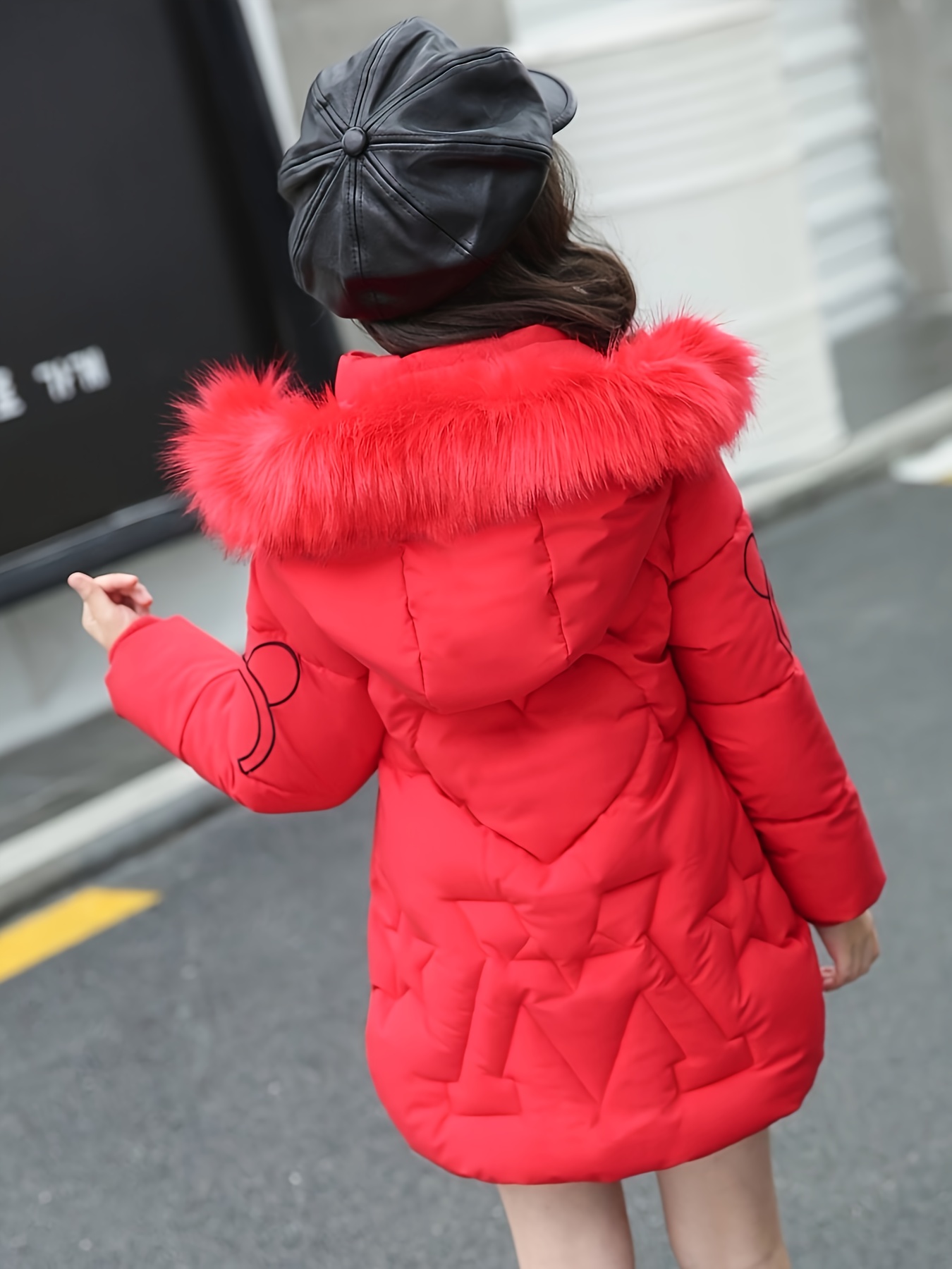 Meisjes Winterjas - Verdikte Halflange Parka met Capuchon, Paars & Cartoon Print, Ritssluiting aan de Voorkant - Machinewasbaar