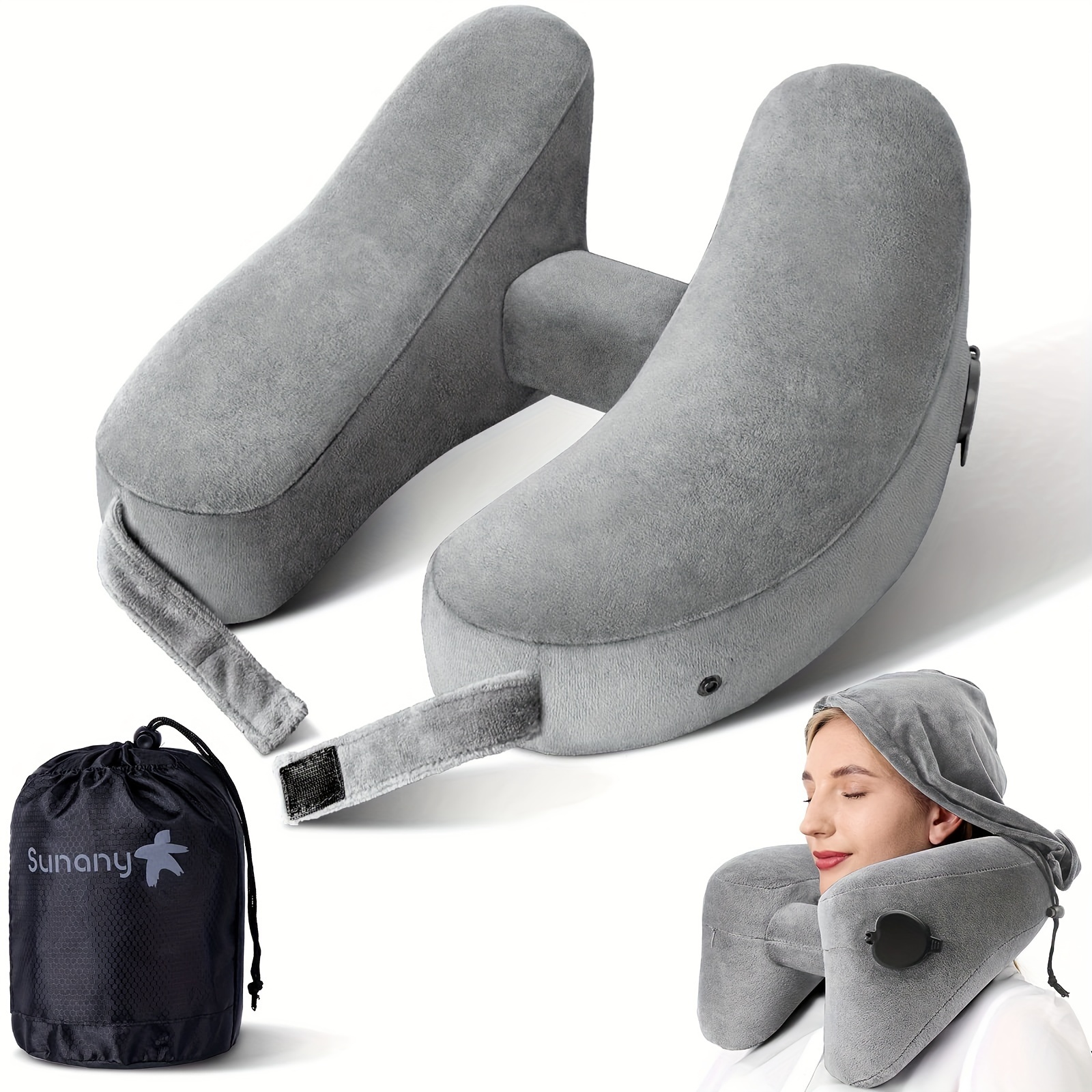 

Inflatable Neck Pillow For Airplane Travel, Comfortably Supports Head, Neck And Chin, Inflatable Travel Pillow With Soft Velour Cover And Portable Drawstring Bag