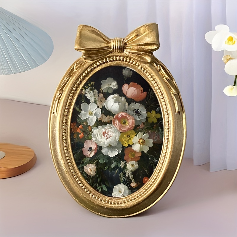 

Vintage-inspired Oval Photo Frame With Bowknot - Resin , Lightweight Decorative Picture Holder For Living Room, Bedroom, Or Entryway