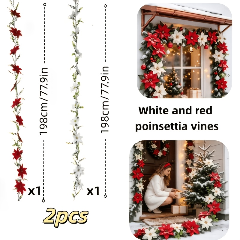 TEMU 2pcs 198cm Red And White One-piece Artificial Vine, Simulated Red And White One-piece Red Flowers With Artificial Green Leaves, Vine Core