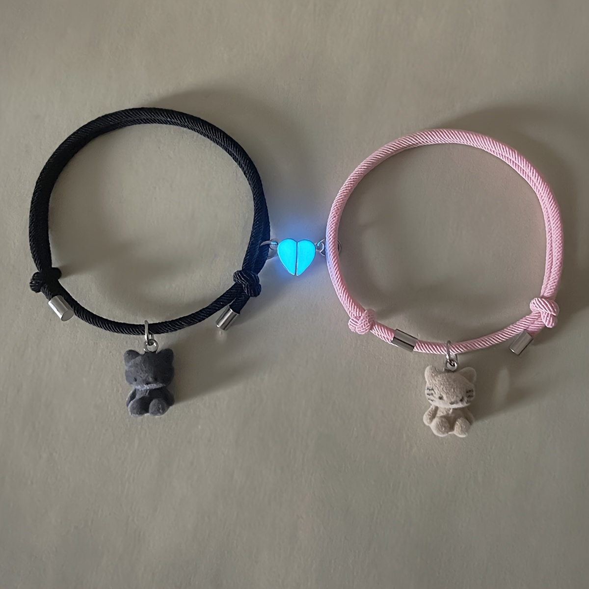TEMU 2pcs/set -dark Heart Cat-shaped Pendant Couple Bracelets Women's Fashion Valentine's Day Anniversary Gift Hand Rope