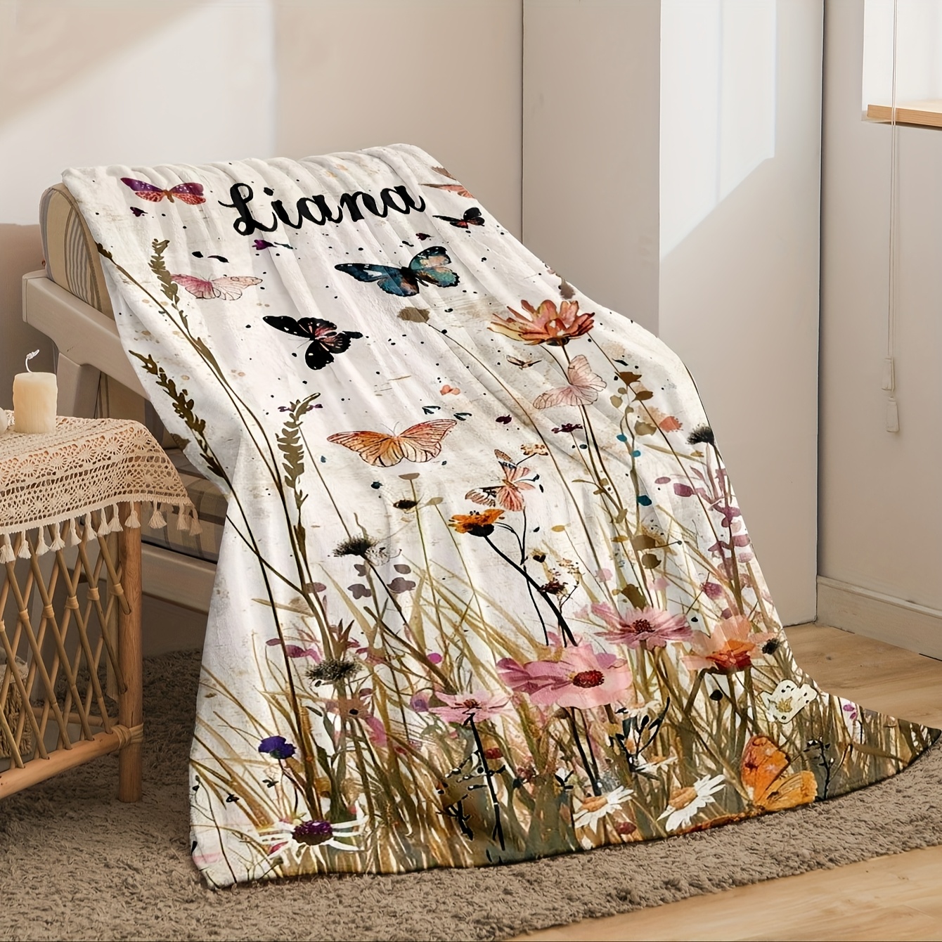 Custom Digital Print Blanket with Floral Watercolor Design