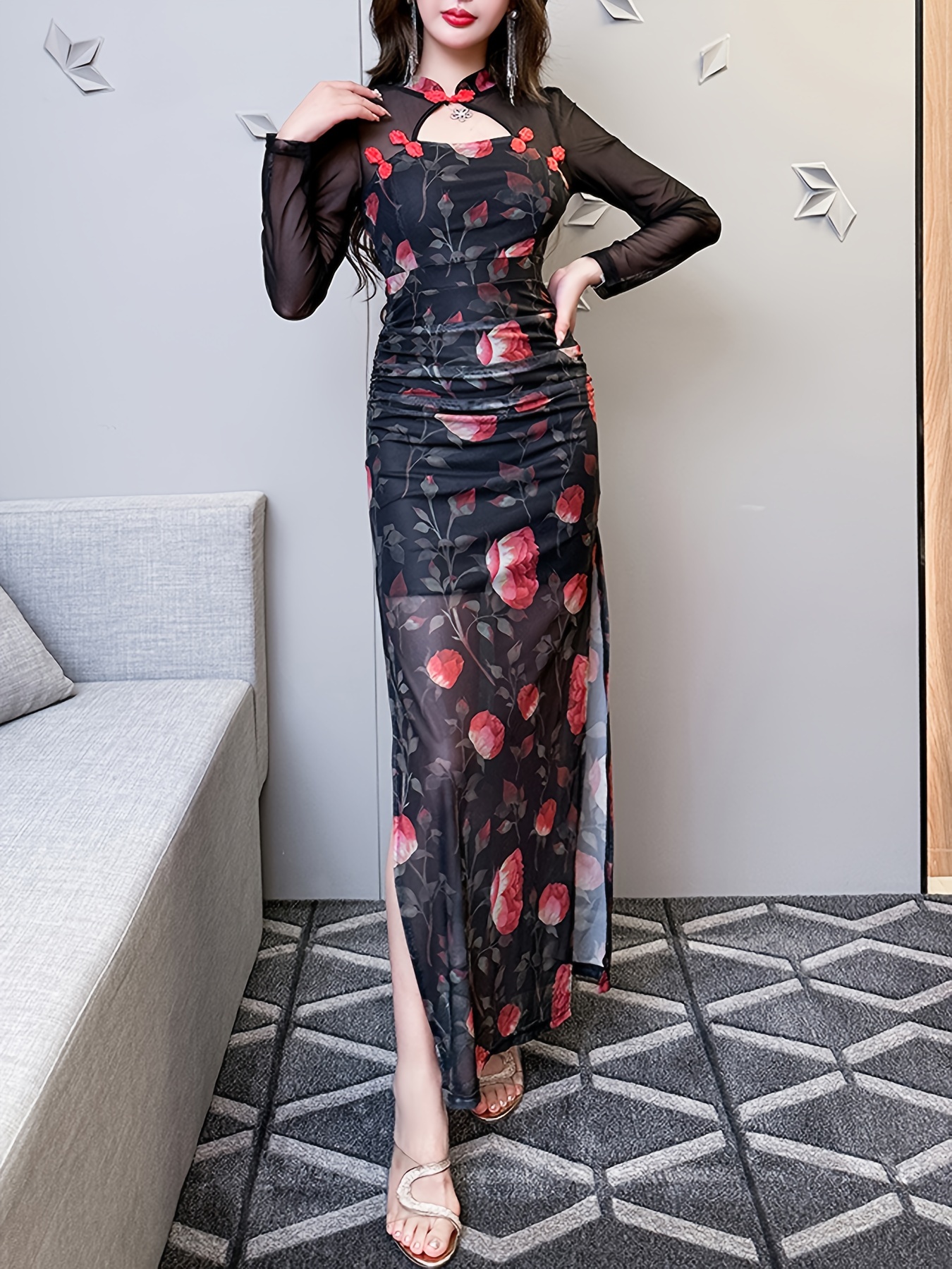 New Chinese Style Floral Improved Cheongsam with Mesh Long Sleeves, Women'S Autumn And Winter Bodycon Long Dress.