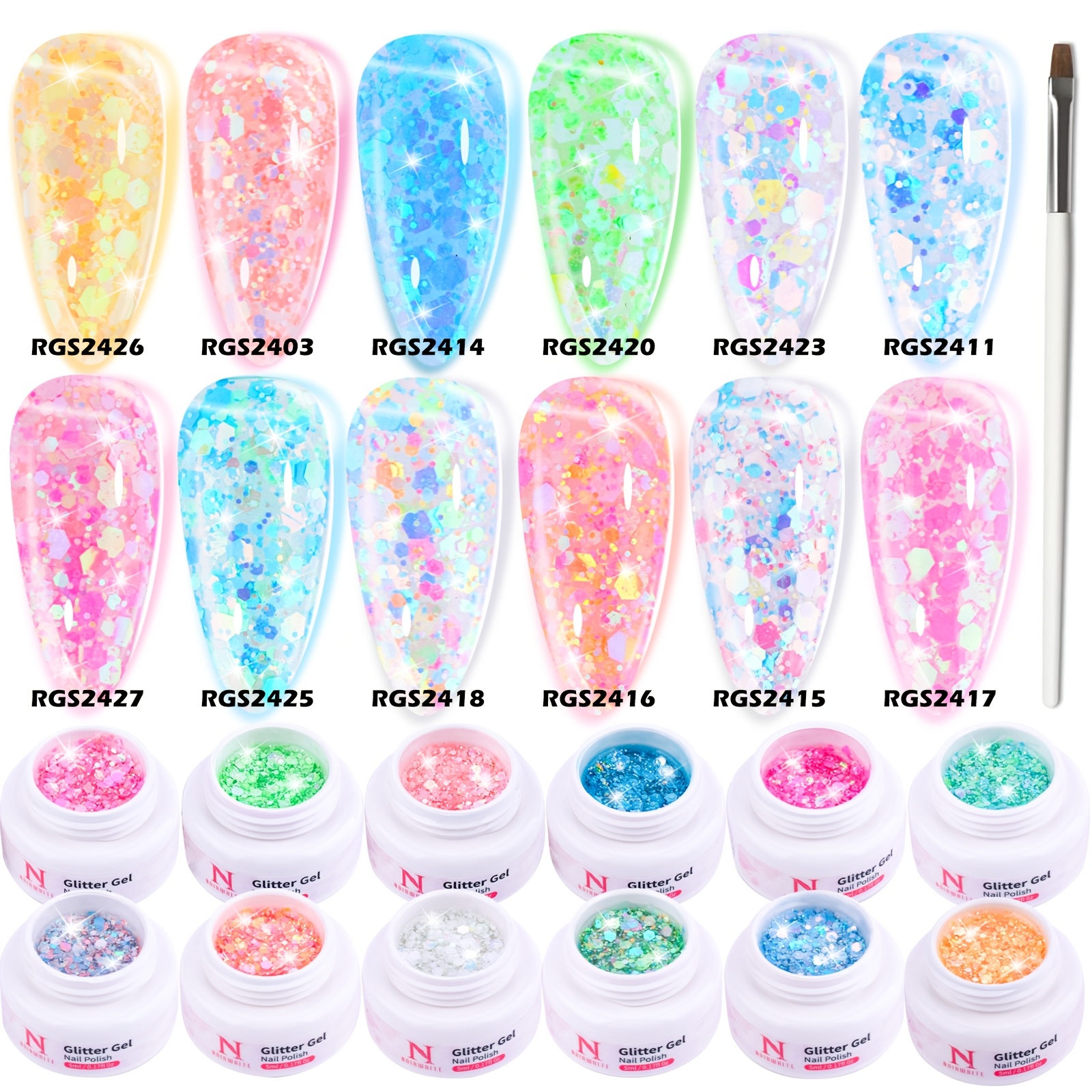 TEMU Glitter Gel Nail Polish Set - 12 Colors Sparkle Sequins Gel Polish Colorful Trendy Translucent Glitter Solid Gel Nail Polish Kit Soak Off Uv Led For Home With Brush