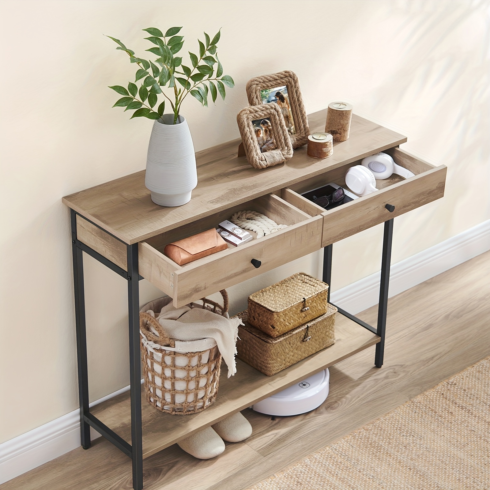 E-shop Konsole Tisch, Eingangstisch, Couchtisch mit 2 Schubladen, Stahlrahmen, , für Flur, Schlafzimmer, Wohnzimmer, Industriestil