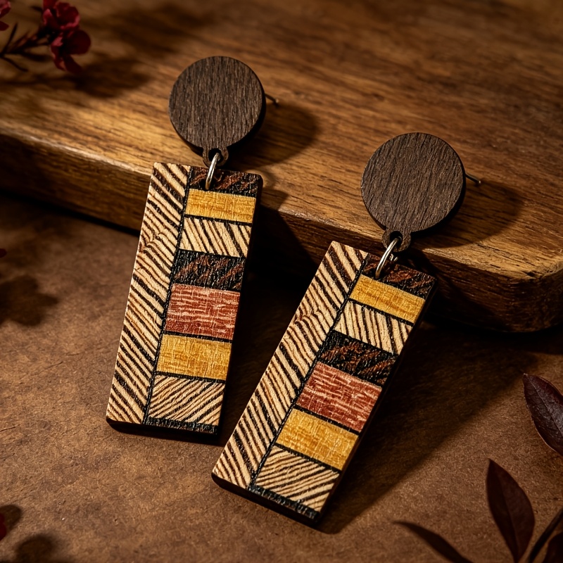 TEMU 1 Par de Aretes Rectangulares de Madera con Estilo Étnico y Diseño Geométrico Estampado de Estilo Bohemio para Mujer