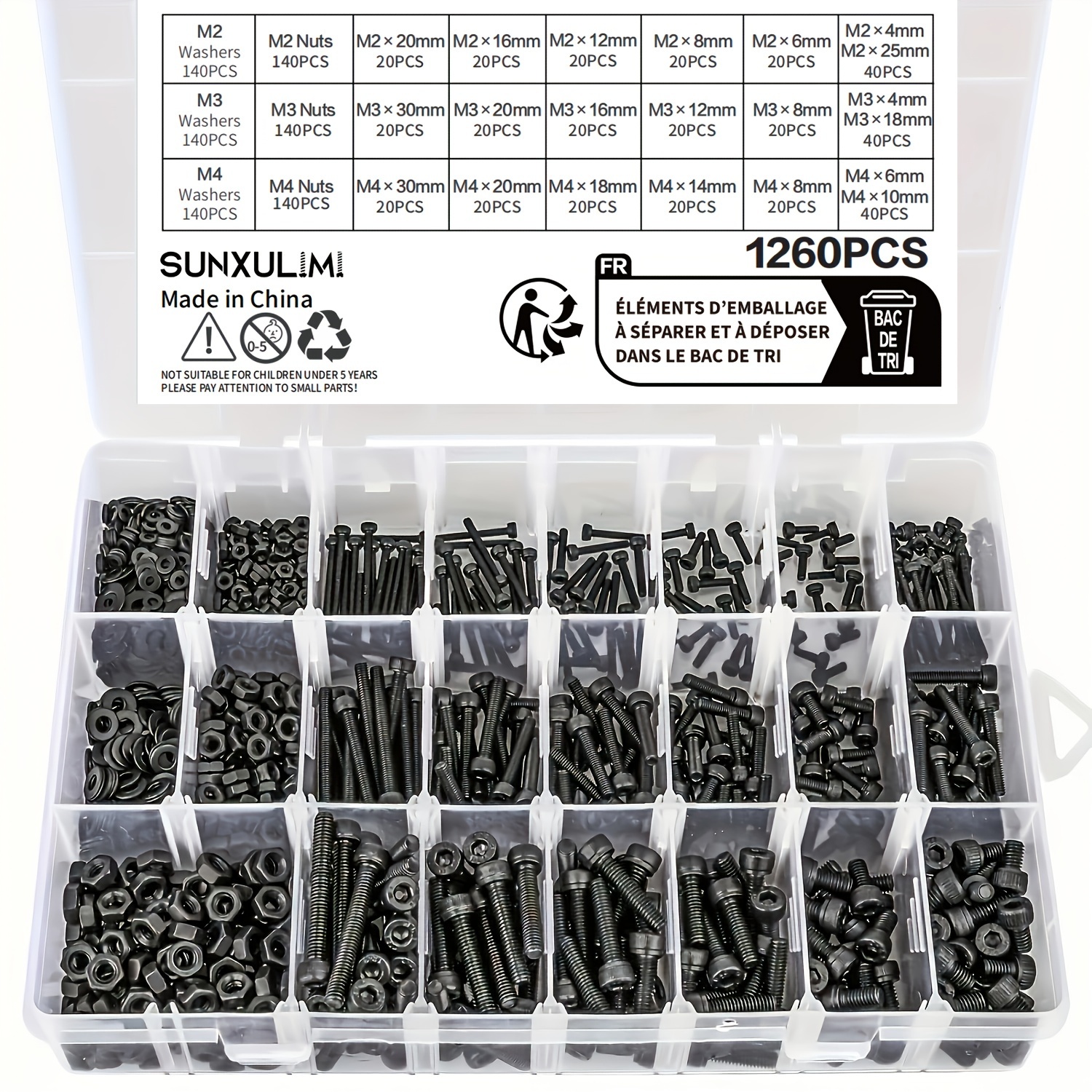 Image of 1260pcs Metric Screw Set M2 M3 M4, 21 Sizes, 4mm To 30mm, Galvanized Hex Socket Machine Screws, Grade 12.9, Screw And Nut Set