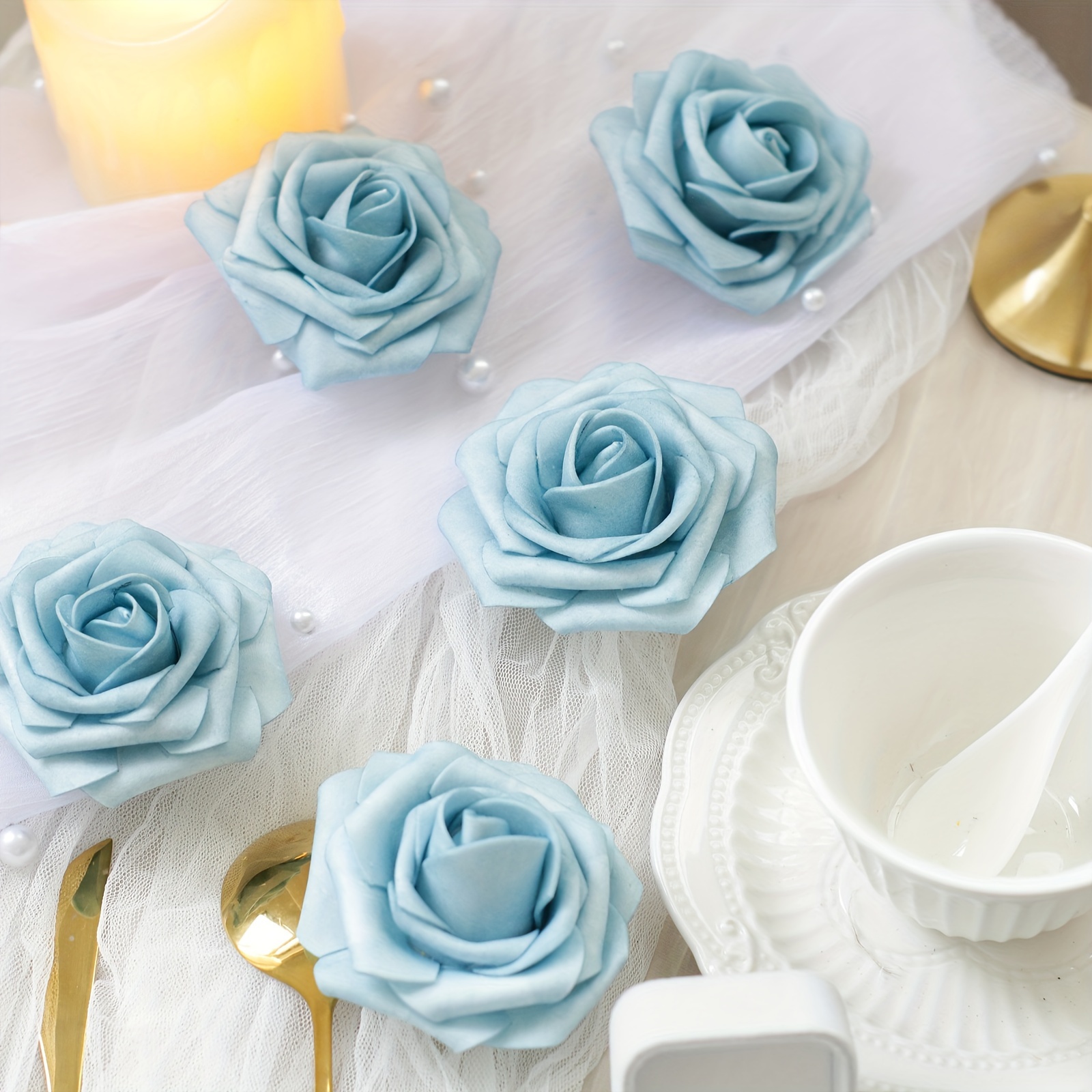 Elegant Light Blue Foam Rose Set For Diy Wedding Bouquets & Home Decor