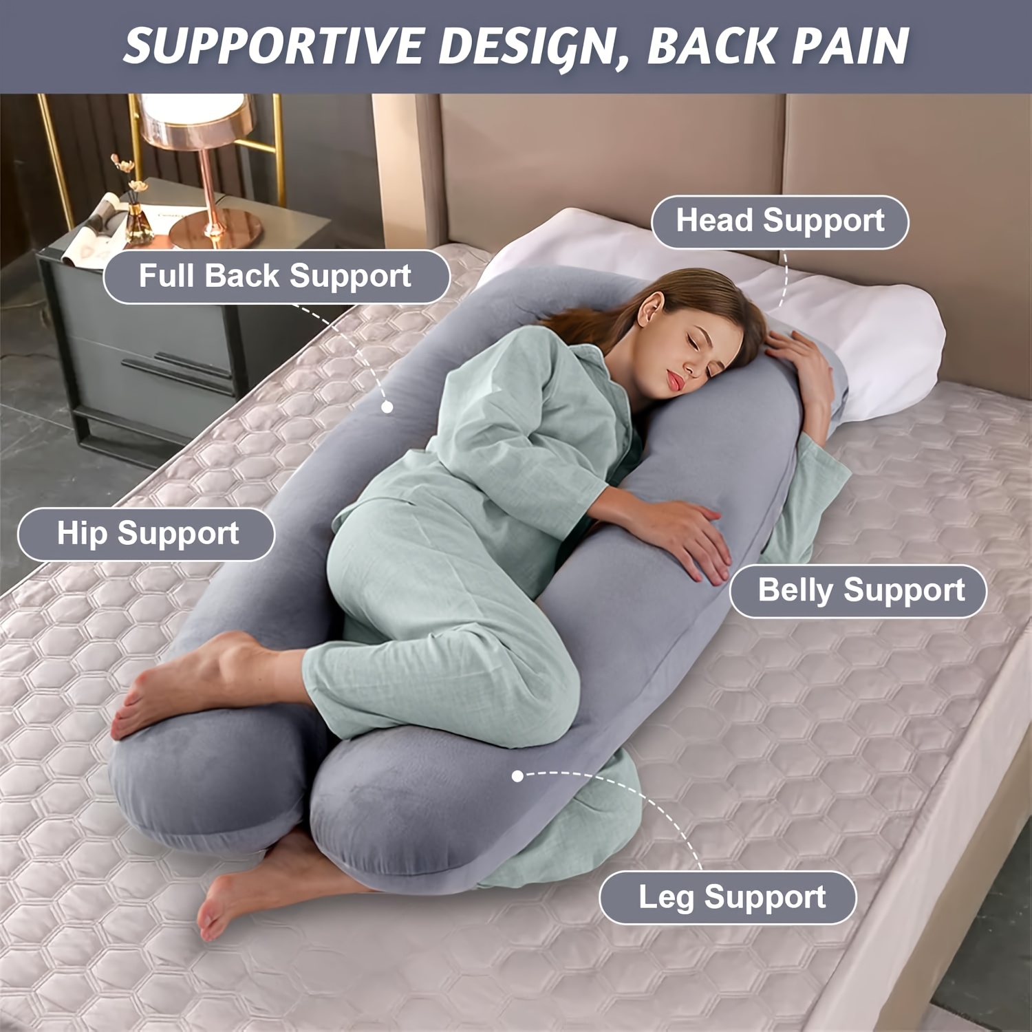 Side Sleeping Pillow with Cover, Ergonomic U-Shaped Design. Adjusts for Abdominal And Hip Support. Multi-Positioning Pillow Conforms to Your Natural Body Shape, Providing Comfortable Sleeping Positions for Back, Stomach, And Side Sleepers