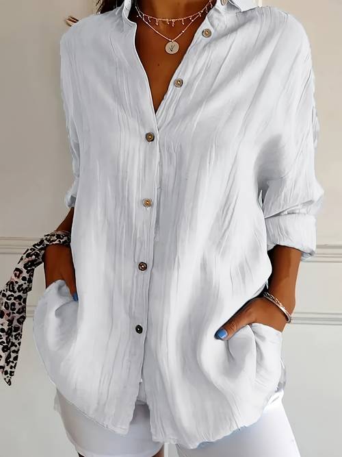 single breasted pleated lapel shirt for women solid color european and american pull up sleeve top