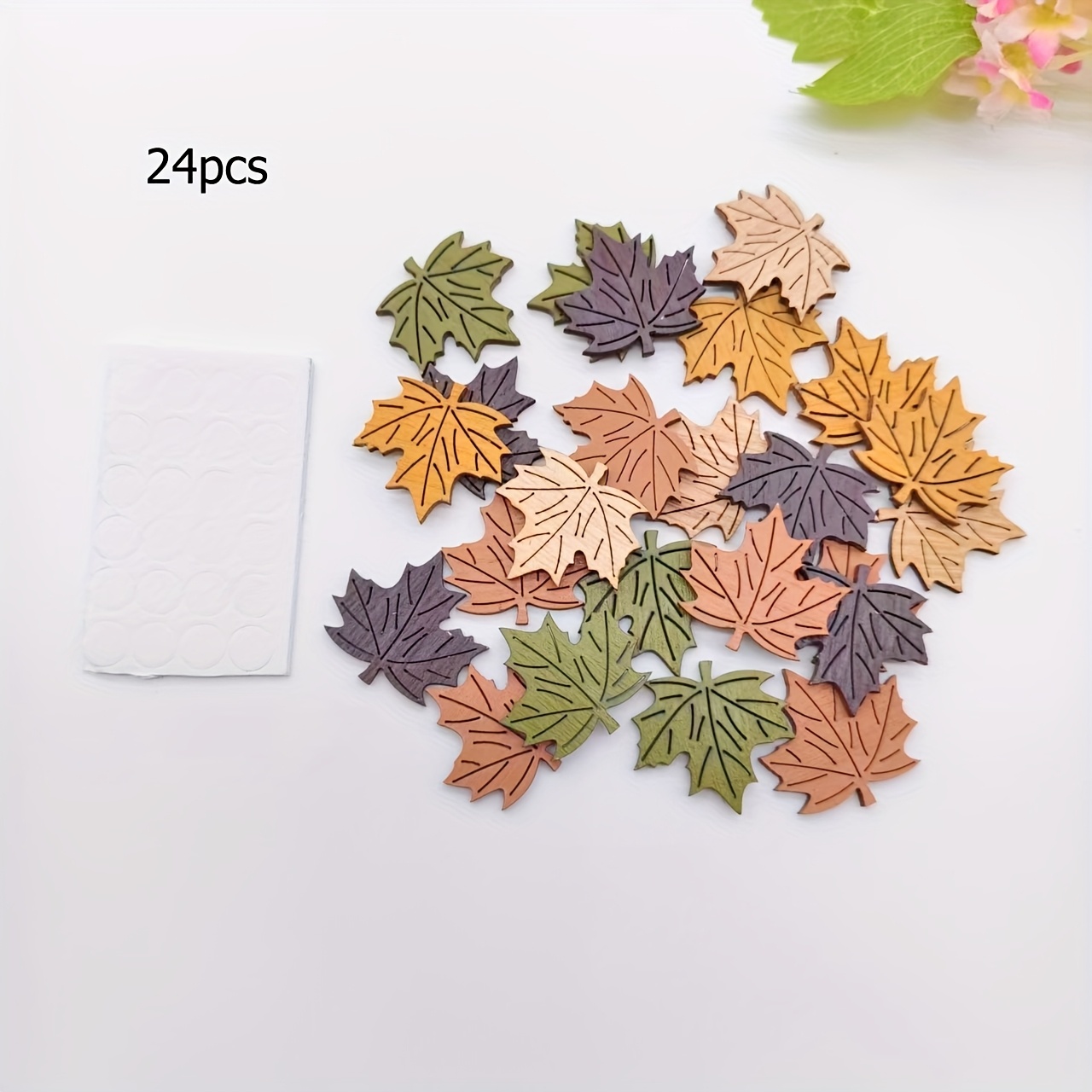 Image of 24pcs Small Statue Ornaments, Maple Leaf Small Wood Chips With Double Sides Adhesive Tape, 4-color Mixed Decoration, Suitable For Festival Party Decoration