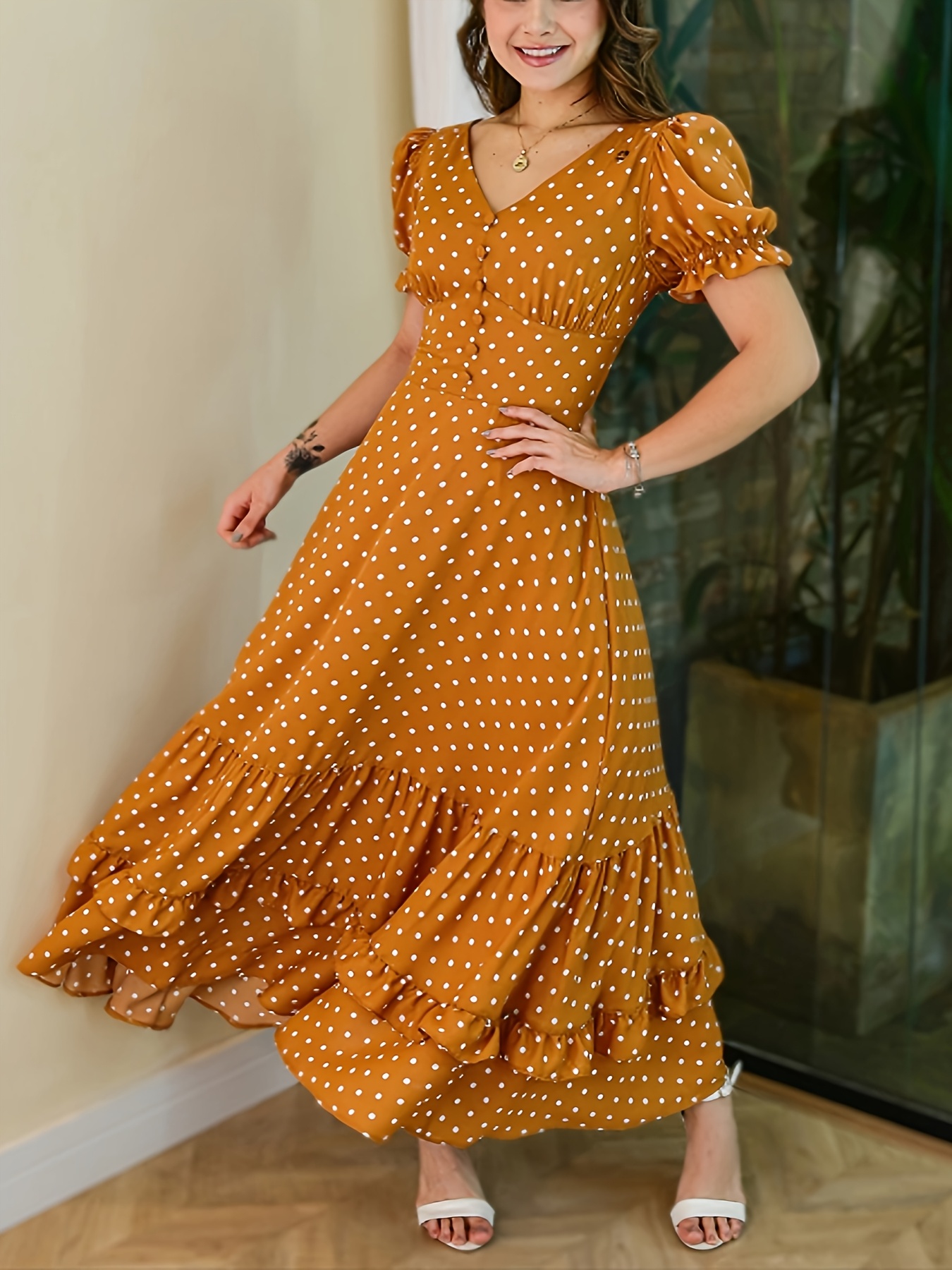 Fashion Orange Spotty Dress Women's Elegant Polka Dot V-Neck Puff