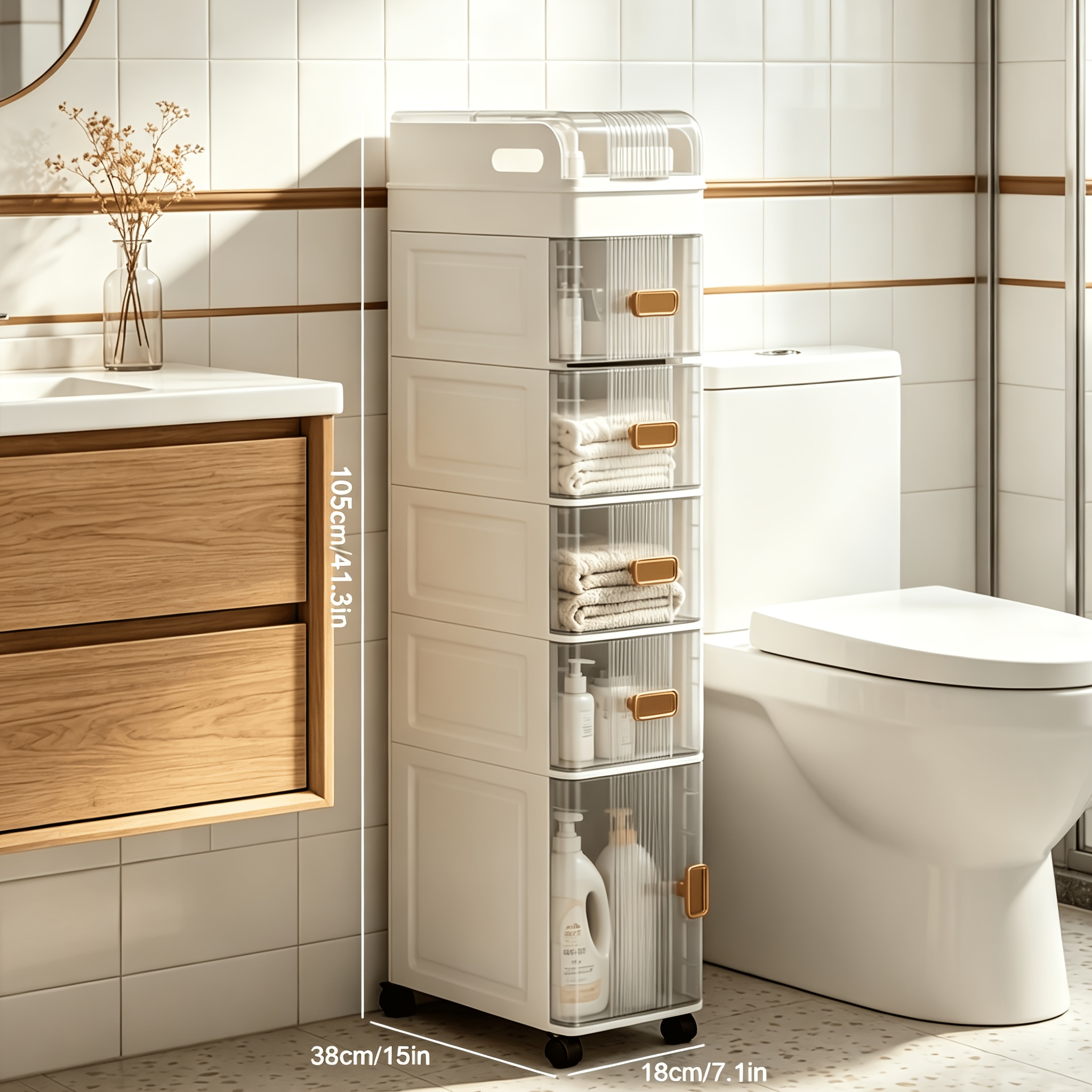 Image of 4/5-layer Modern Narrow Drawer Storage Cabinet, Bathroom Shelf, Each Layer Can Bear 5kg, Suitable For Small Spaces, With Transparent Viewing Window, Kitchens, Laundry Rooms, And Bathrooms