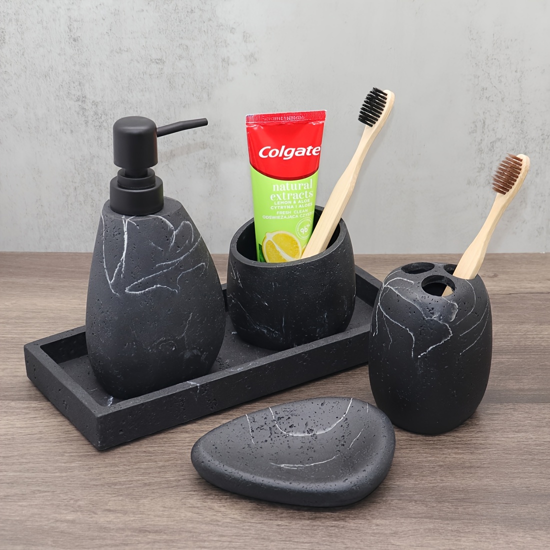 A 4pcs Bathroom Toiletries Set, Including a Mouthwash Cup, a Soap Dispenser, a Toothbrush Holder, And a Soap Dish, Available in Matte Black, White, Or Light Brown Bathroom Furniture Sets, Along with Decorative Accessory Sets