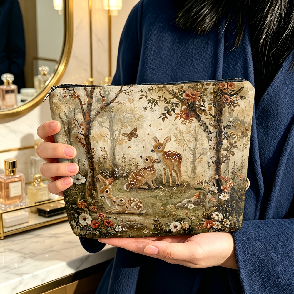 TEMU 1pc/rustic Style Makeup Bag - Large Capacity Reindeer Pattern Storage Pouch, Travel-friendly, Storage Space, Vintage Forest Theme Gift