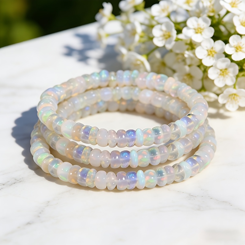 4pc Natural Ethiopian Opal Rainbow Crystal Stretch Bracelet Set