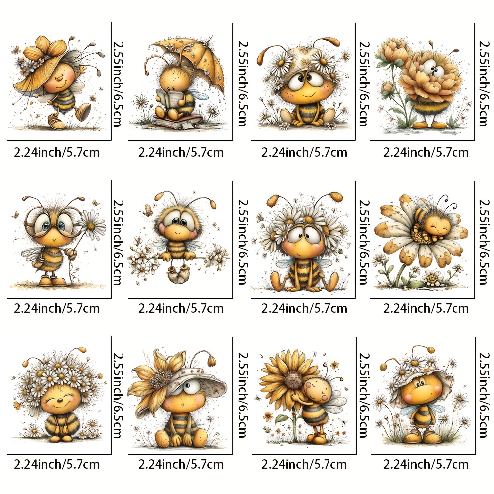 TEMU 12pcs/Set Transfert UV Motif Abeille Fantaisiste - pour Artisanat, Mugs, Ordinateurs Portables & Bouteilles d'Eau, Plastique Auto-Adhésif,