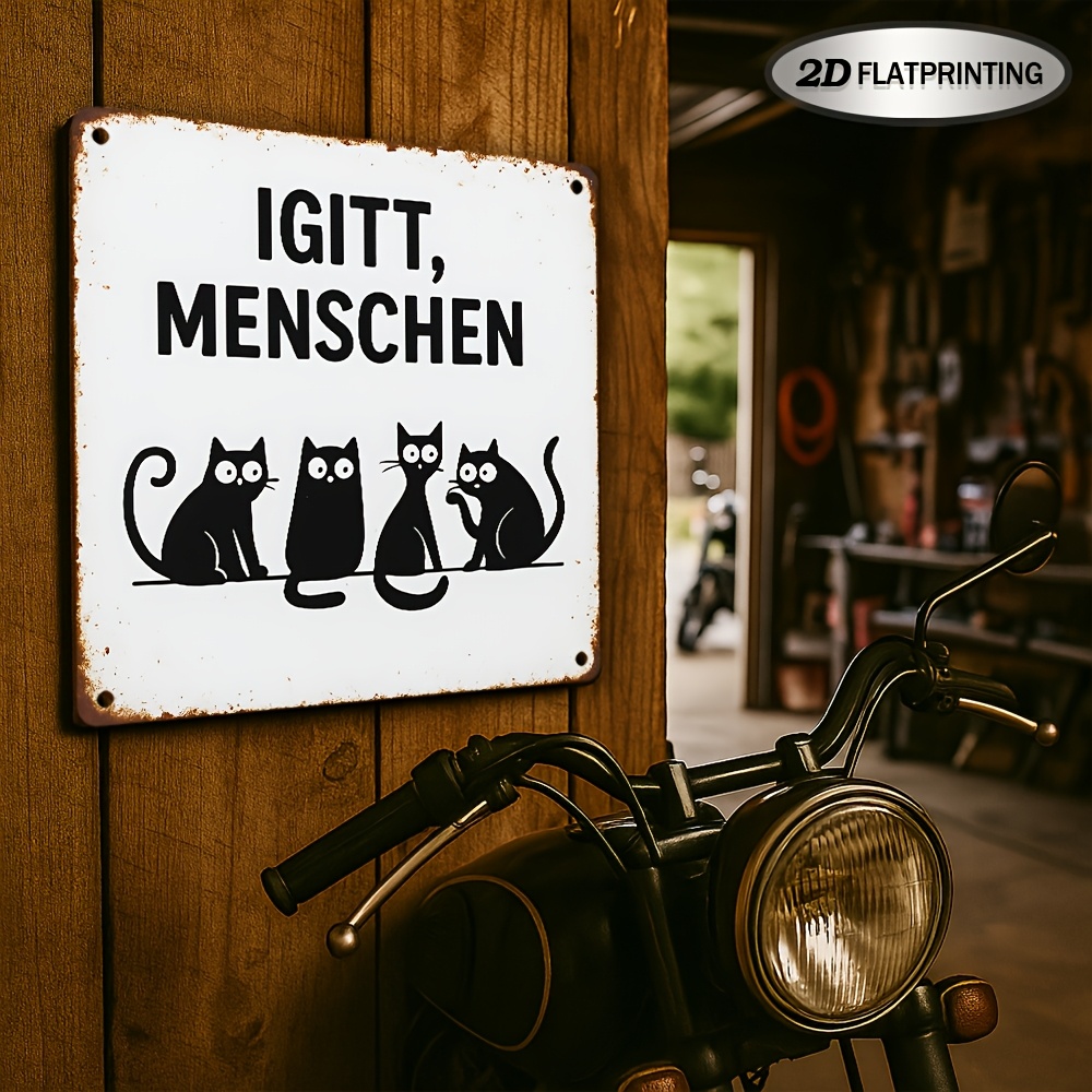 E-shop 2D Flach, 1 Stück Deutscher Katzen-Metallschild - Vintage "Katzenhöhle" Plakette mit deutschem Text & schwarzen Katzensilhouetten, 8"x8" (20,32