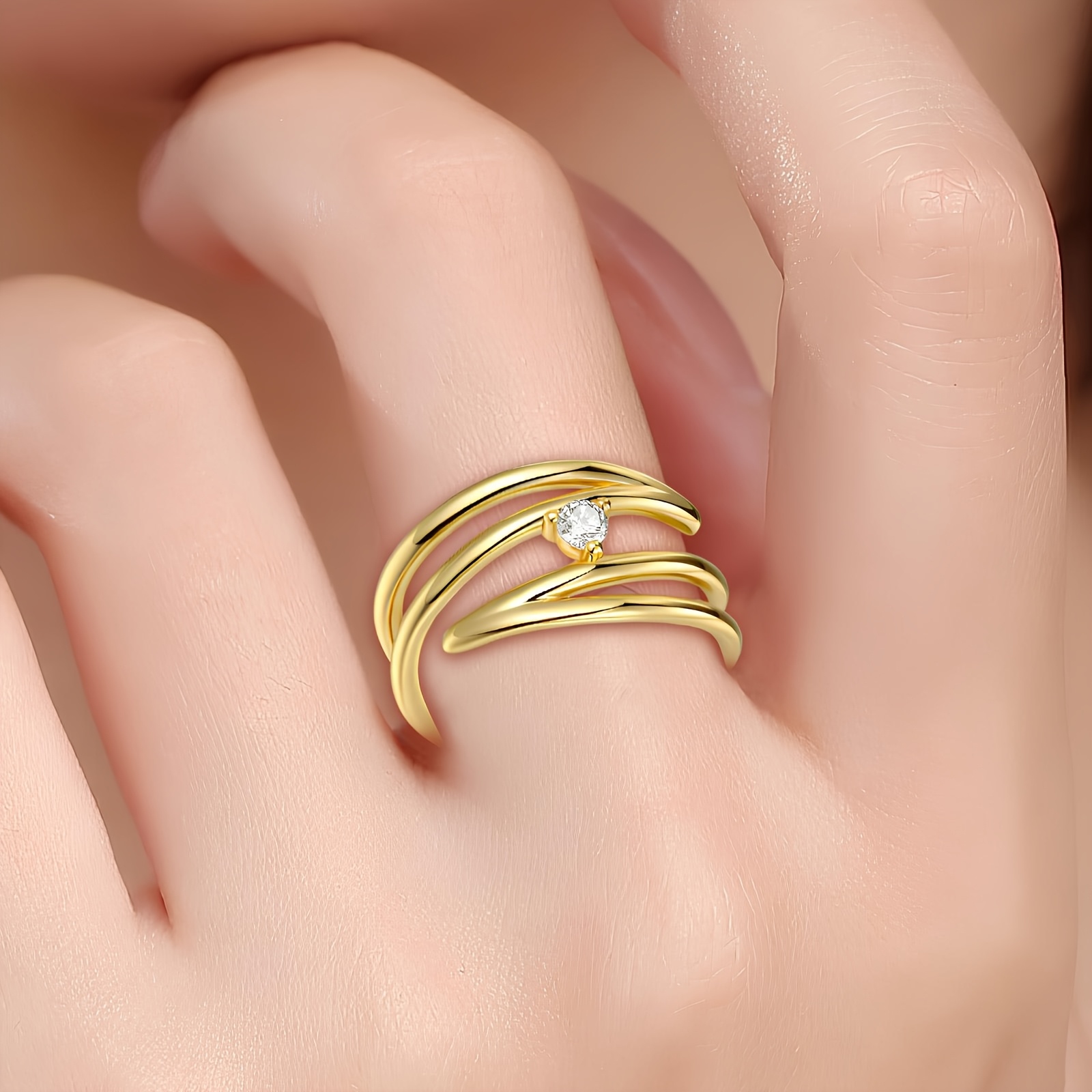 Women's Multi-Layer Hollow-Out Wedding Ring, Tri-Prong Synthetic Zirconia