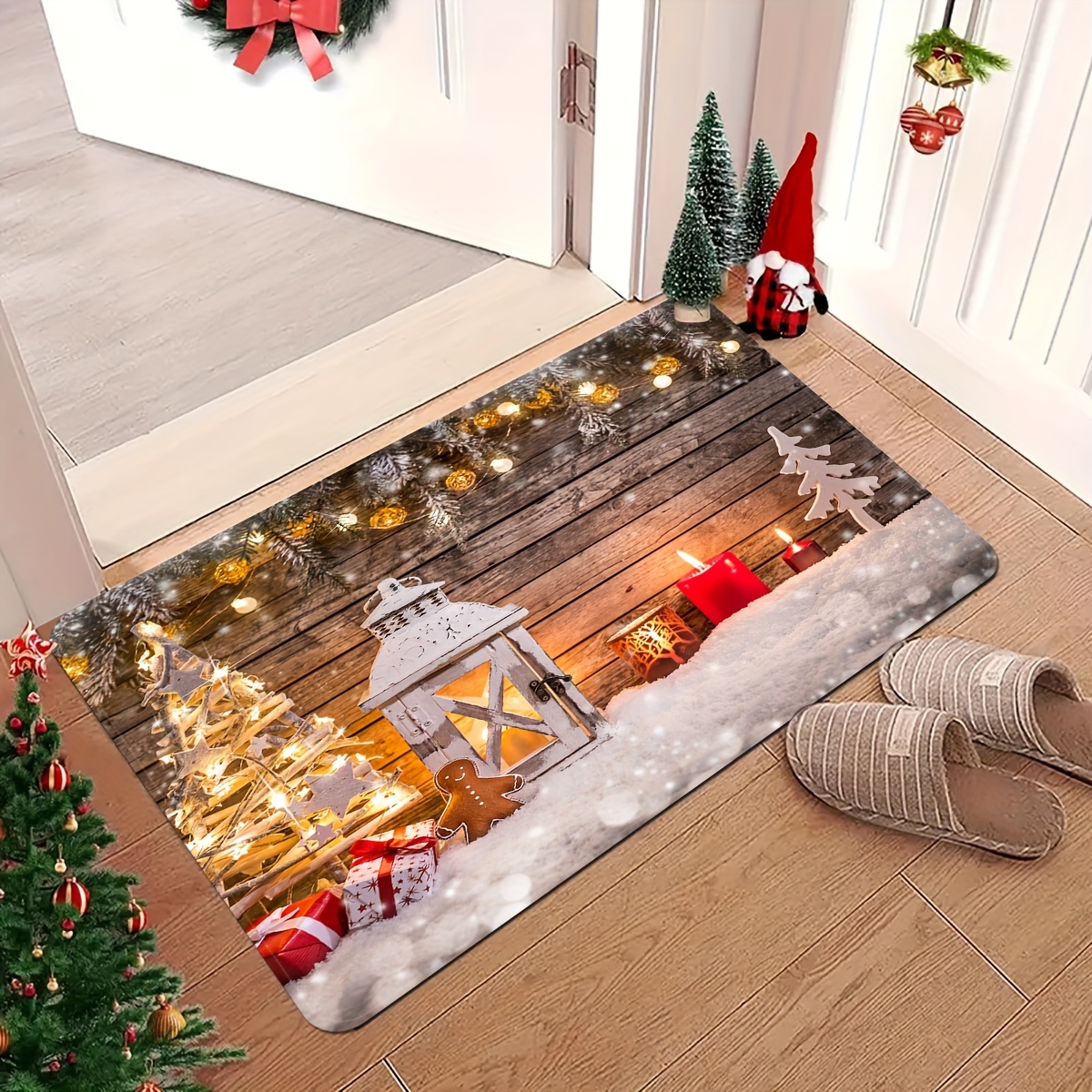 

Christmas Tree & Gift Box Design Entrance Rug - Stain Resistant, Lightweight Polyester With Non-slip Backing For Indoor/outdoor Use - Perfect For Bedroom, Living Room, And Balcony Decor