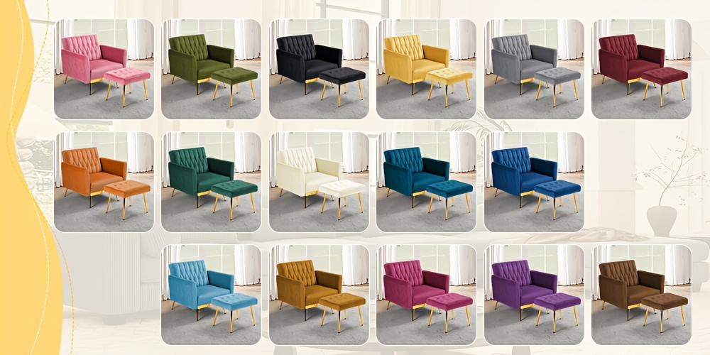 [Velvet Accent Chair] ACMEASE Velvet Single Accent Chair | Adjustable Armrests & Backrest, Button Tufted Lounge Recliner with Ottoman & Pillow for Living Room, Bedroom, Study Room