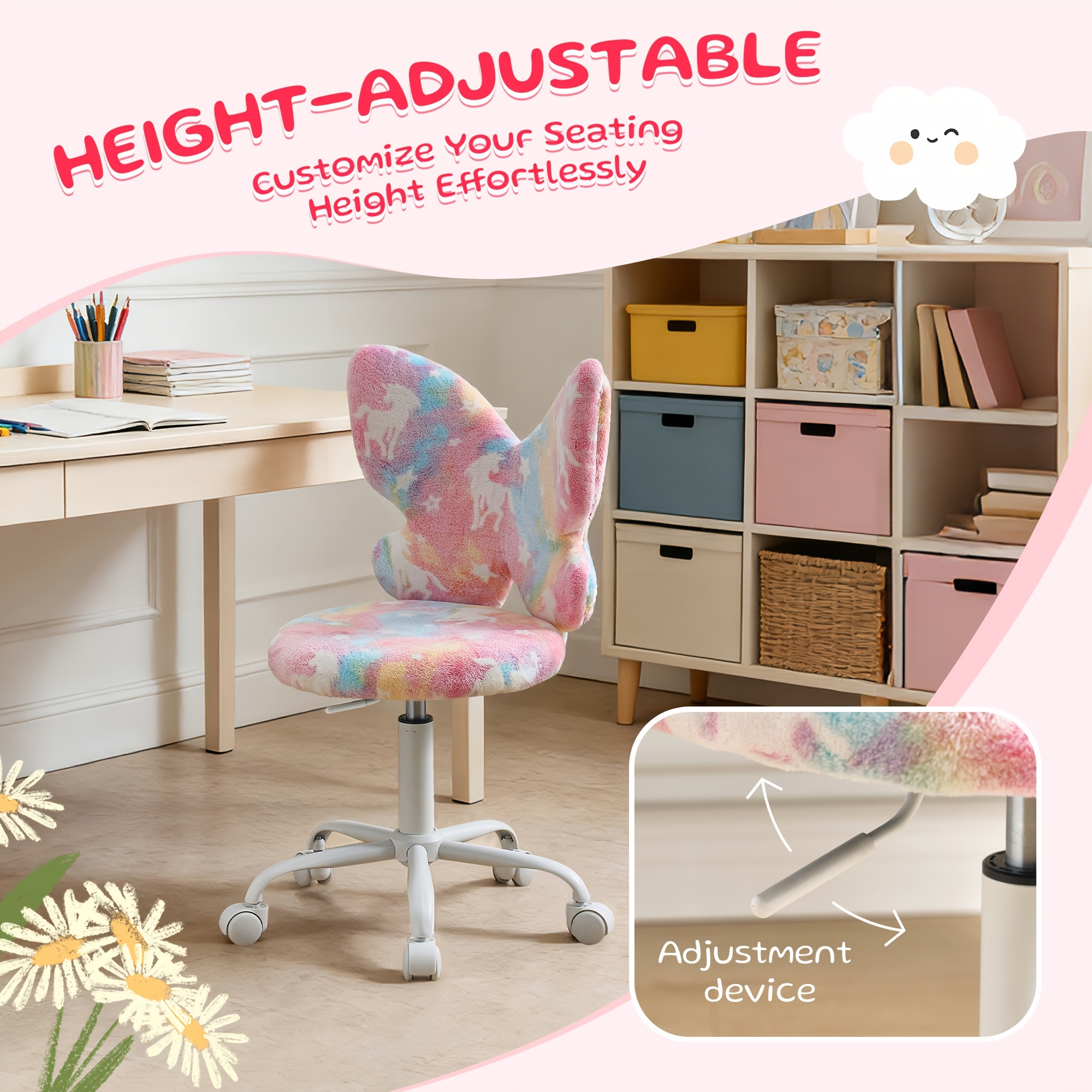 Girls Desk Chair - Comfy Swivel Kids Desk Chair for Girls Room, Fluffy Butterfly Kids Office Chair for Reading & Vanity