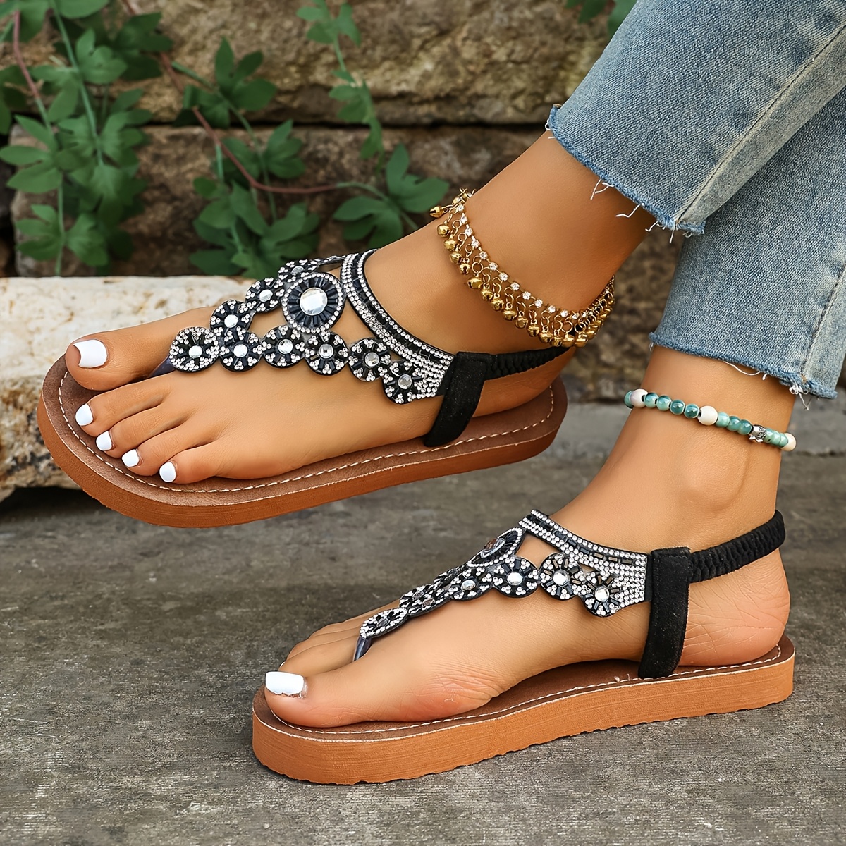 TEMU New Summer Trendy Sequin Decorated Sandals, Hollow-out Open-toe Sandals, Versatile Lightweight Outdoor Wear With Soft Sole, Toe-separated Style